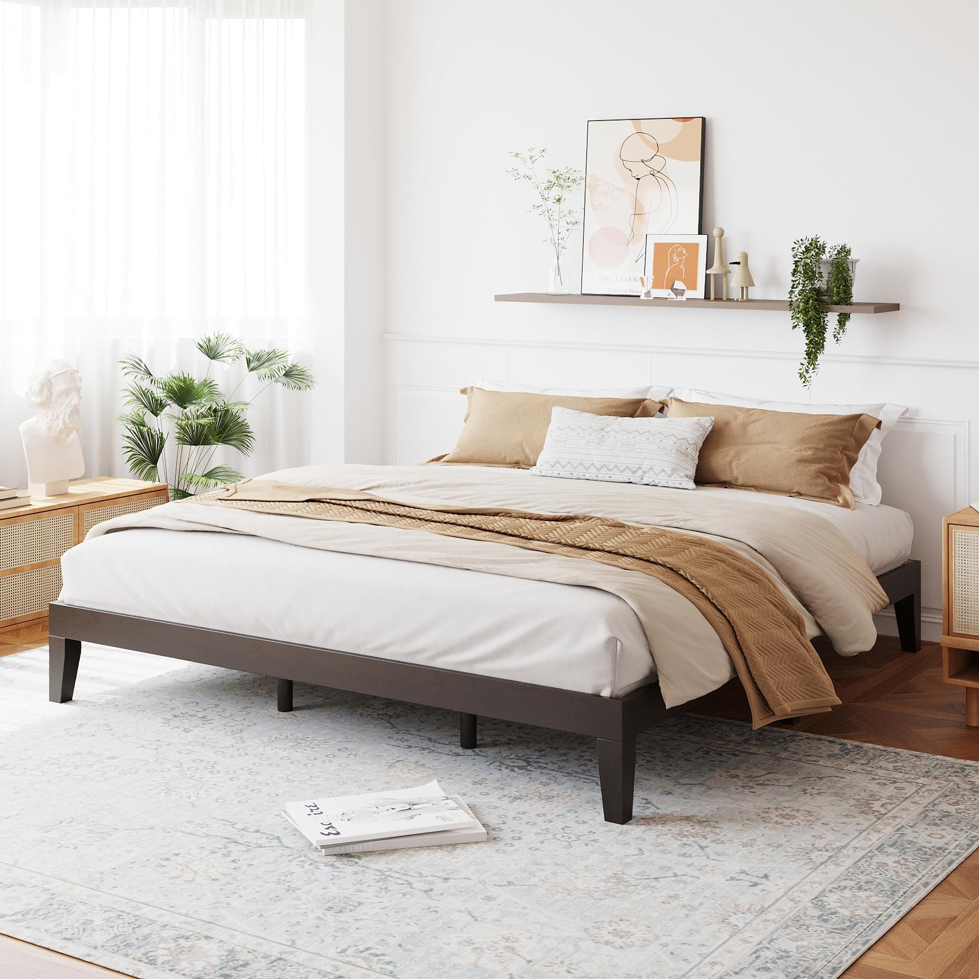 King Size Bed Frame-12 Inch Solid Wood King Bed Frame with Slat Support, No Box Spring Needed,Easy Assembly-Espresso
