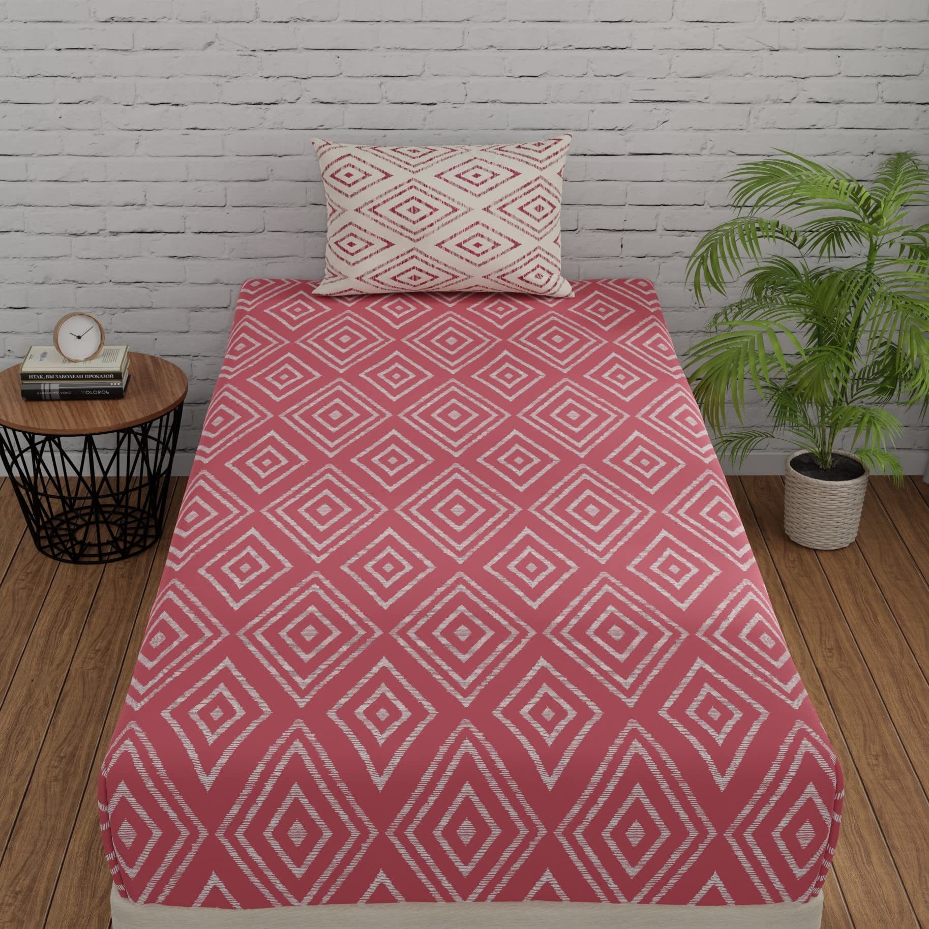 Huesland By Ahmedabad Cotton 144 Tc Elastic Bedsheet Single Bed Cotton With 1 Pillow Cover | 36 X 78 Inches | Peach Pink & White