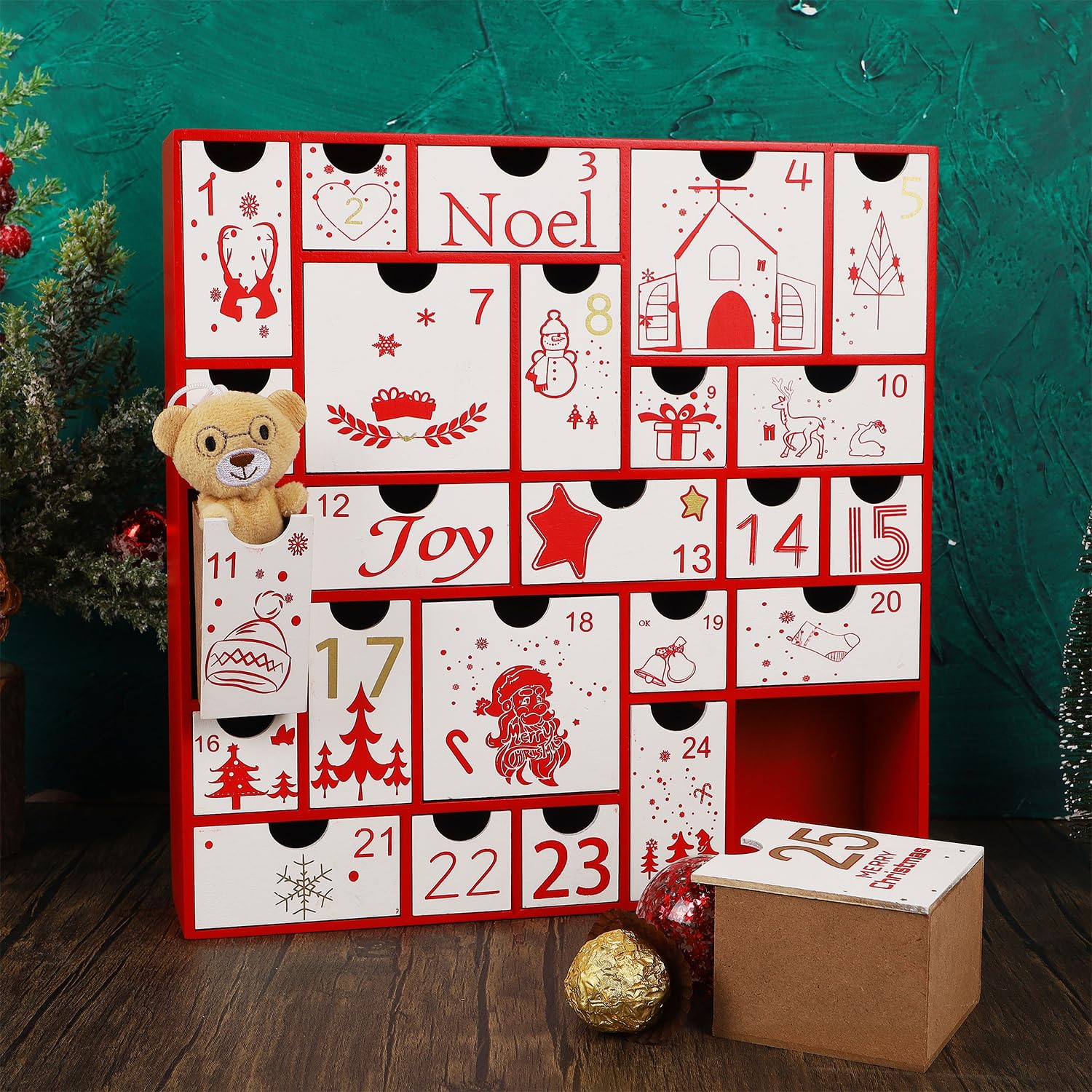 Juegoal Red Advent Calendar, 11.8 Inch Christmas Wooden Advent Calendar With 25 Large Drawers, Christmas Countdown Calendar 2024