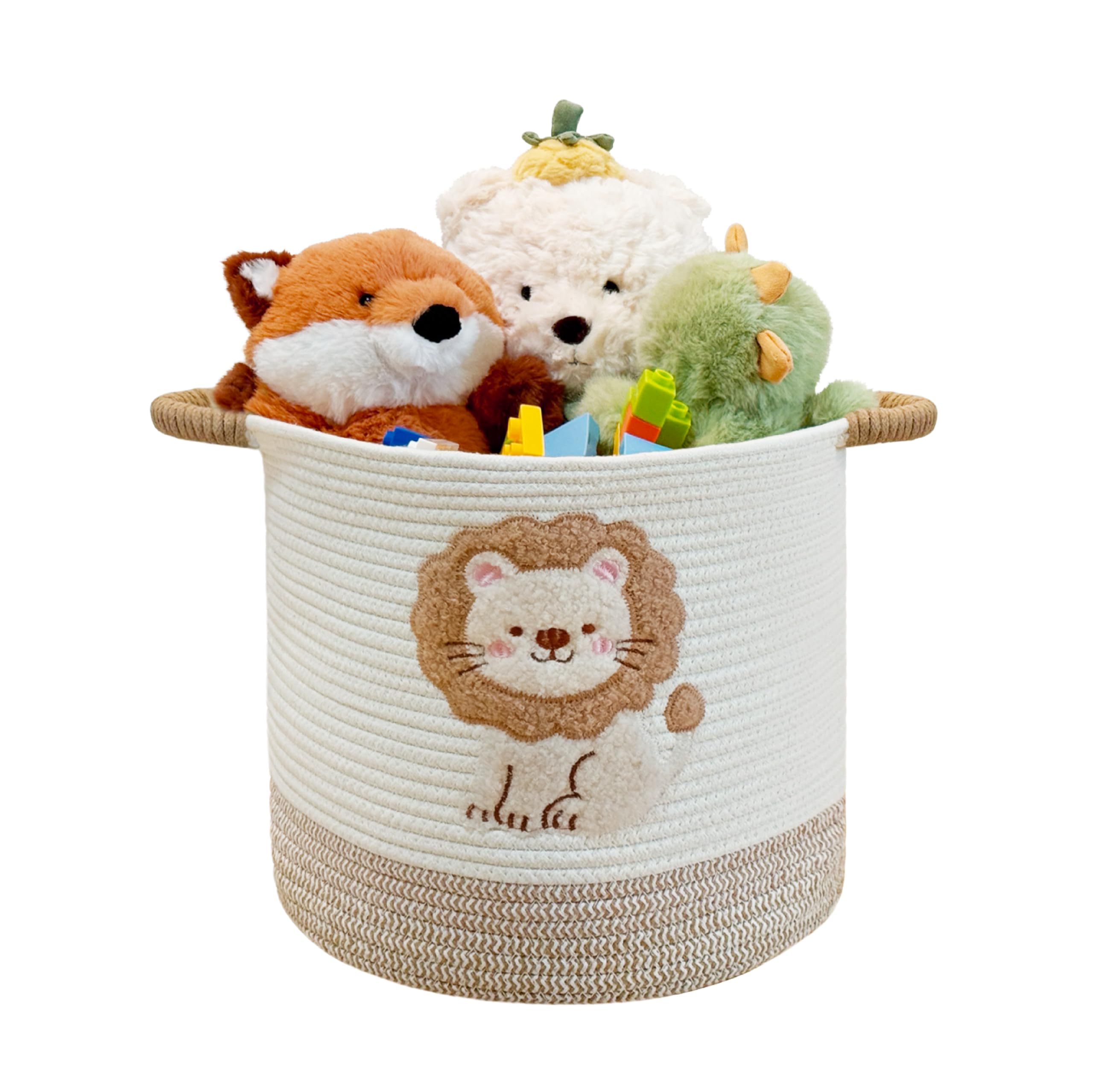 Mzzelry Toy Storage Basket(12x12), blanket basket, Cotton Rope Woven Laundry Hamper with Cute Embroidered Lions for Nursery, Liv