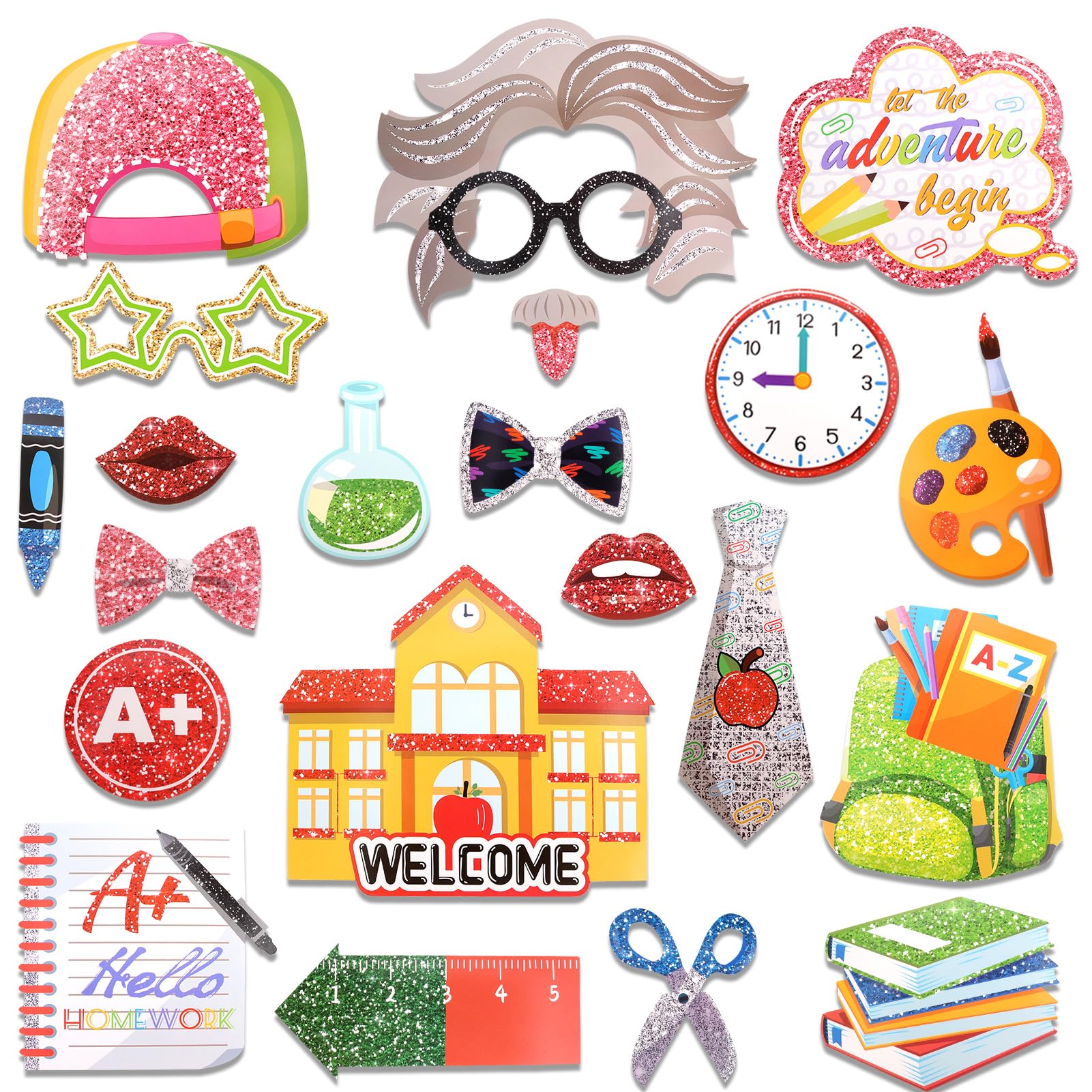 Howaf Back To School Photo Booth Props, 45 Pieces First Day Of School Glitter Party Decorations Welcome Back To School Classroom