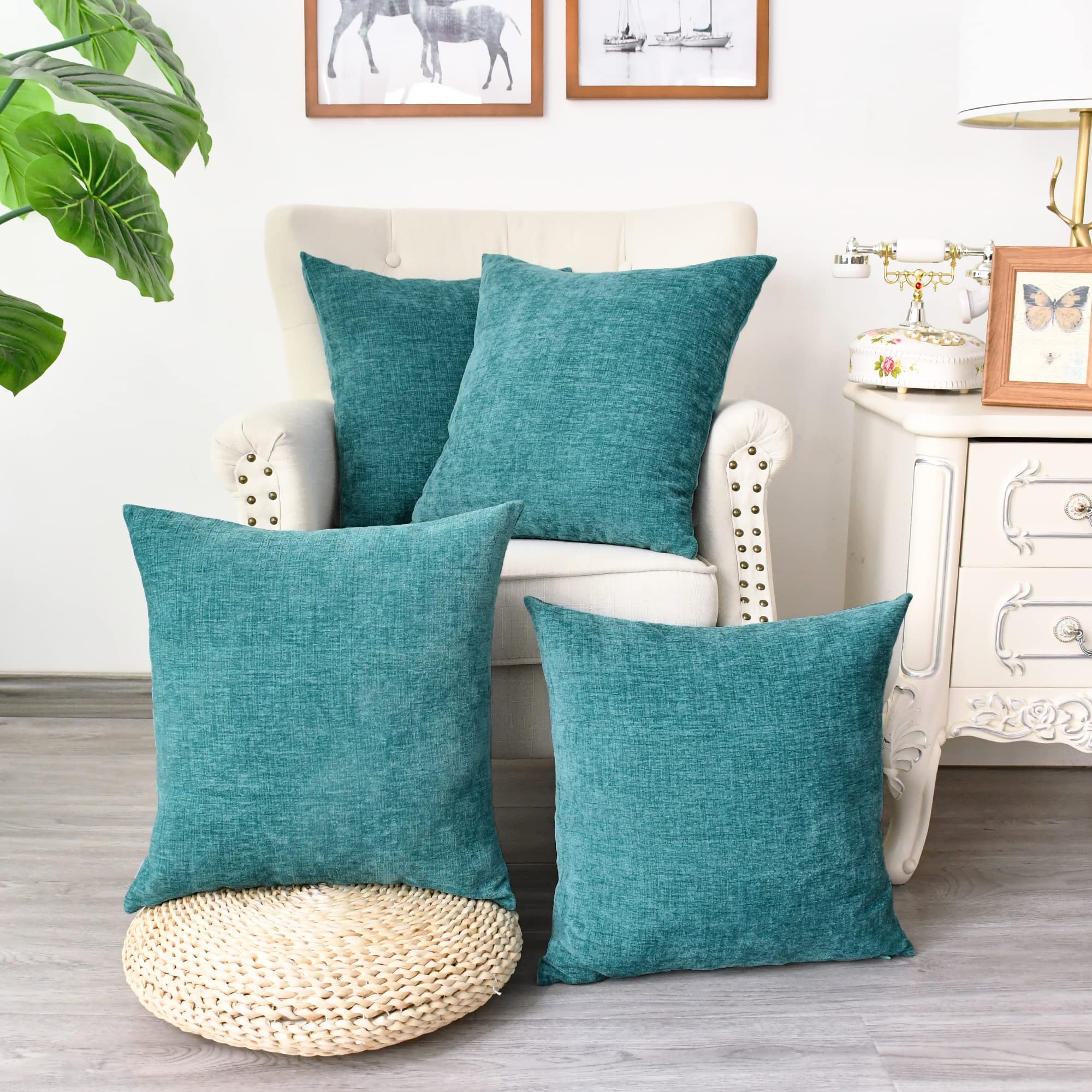 Calitime Pack Of 4 Cozy Throw Pillow Covers Cases For Couch Sofa Home Decoration Solid Dyed Soft Chenille 18 X 18 Inches Teal