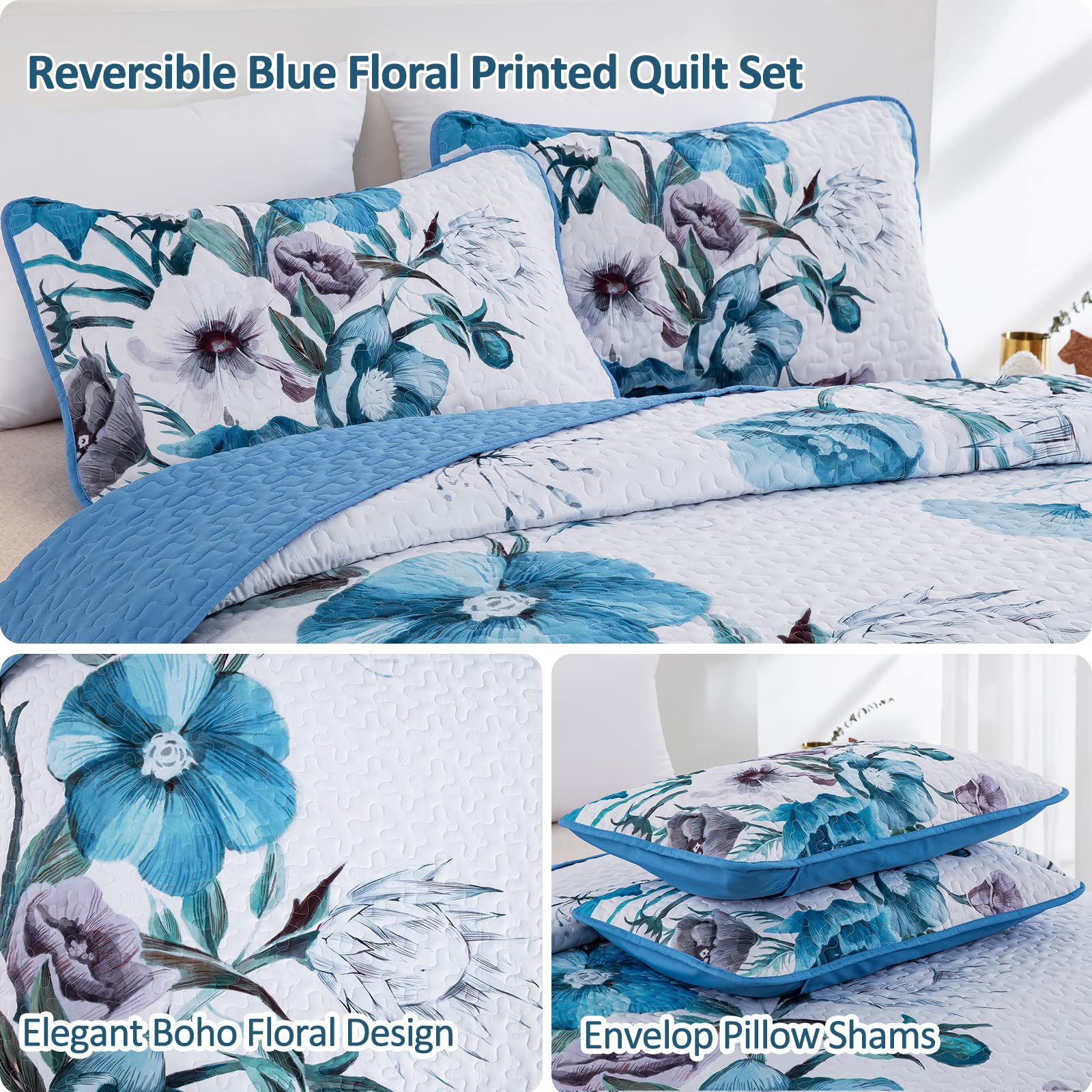 Drucon Floral Quilt Set King 3 Pieces Boho Blue Floral Quilt Coverlet Set Soft Microfiber Lightweight Blue Quilted Bedspread For
