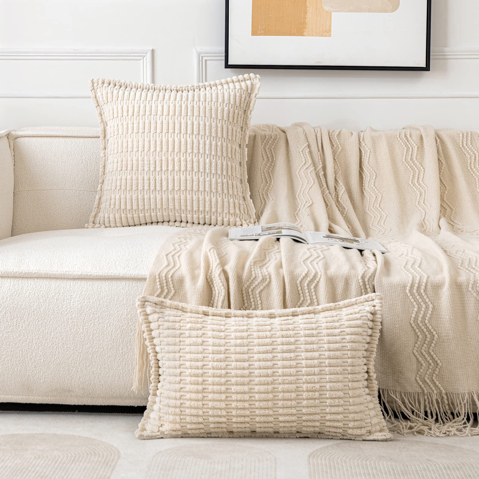 Miulee Cream White Corduroy Decorative Throw Pillow Covers Pack Of 2 Soft Striped Pillows Pillowcases With Broad Edge Modern Christmas Winter Cute Boho Home Decor For Couch Sofa Bed 18X18 Inch