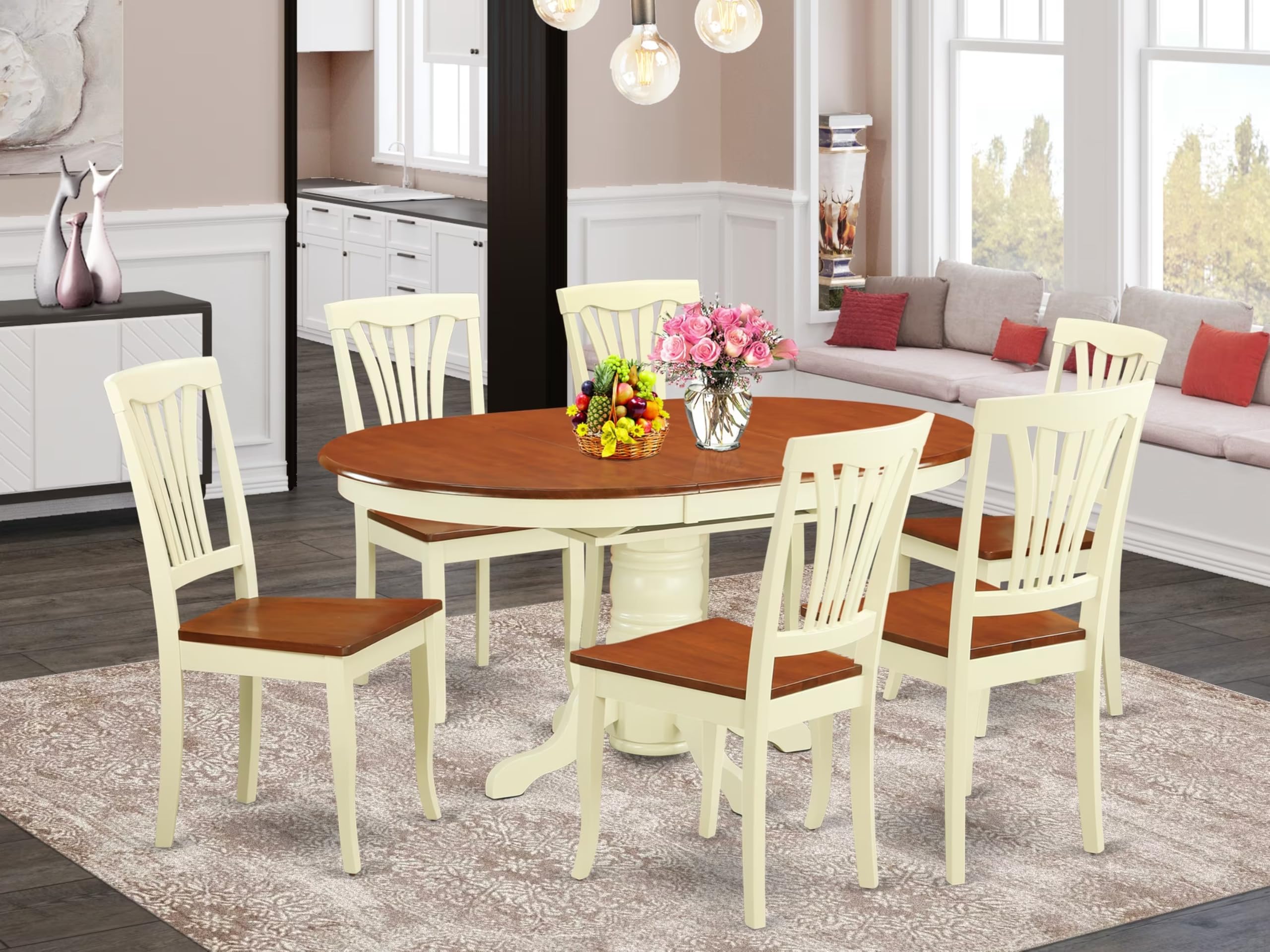 East West Furniture KEAV7-WHI-W 7 Piece Dining Room Furniture Set Consist of an Oval Kitchen Table with Butterfly Leaf and 6 Dining Chairs, 42x60 Inch, Buttermilk & Cherry