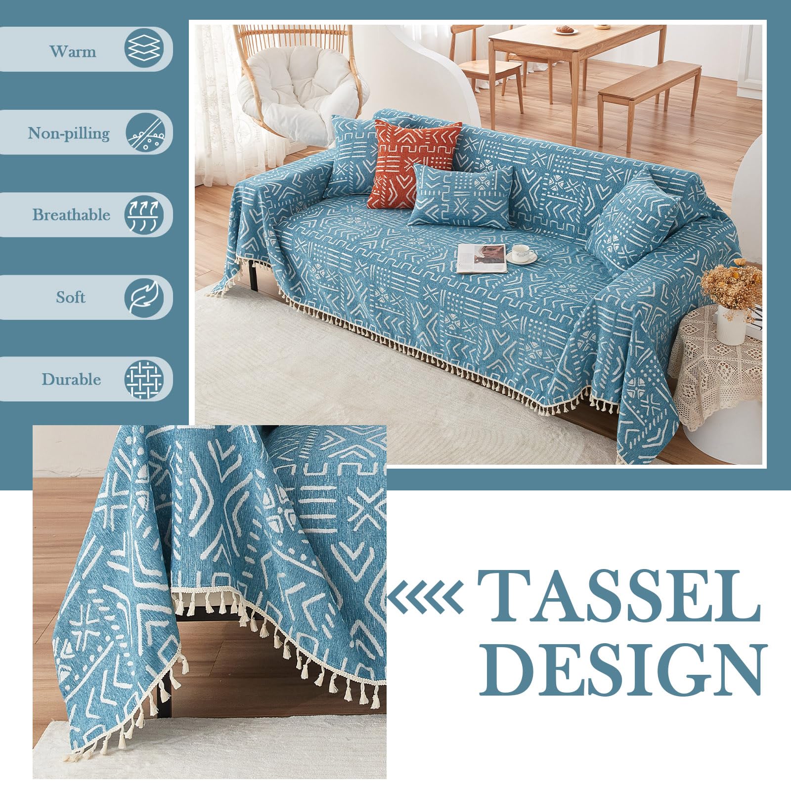 Handontime Turquoise Couch Protector For Dogs Boho Tassel Blue Couch Cover Farmhouse Sofa Covers Aztec Tribal Couch Covers For 3 Cushion Couch Sofa Universal Sofa Slipcover For Home Décor, 71' X118'