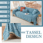 Handontime Turquoise Couch Protector For Dogs Boho Tassel Blue Couch Cover Farmhouse Sofa Covers Aztec Tribal Couch Covers For 3 Cushion Couch Sofa Universal Sofa Slipcover For Home Décor, 71' X134'