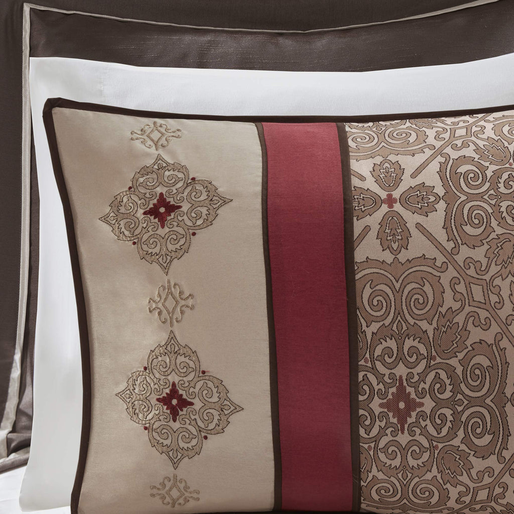 Madison Park Essentials Delaney 24-Piece Room In A Bag Comforter Set-Satin Jacquard, All Season Luxury Bedding, Sheets, Decorative Pillows And Curtains, Valance, King(104'X92'), Medallion Red