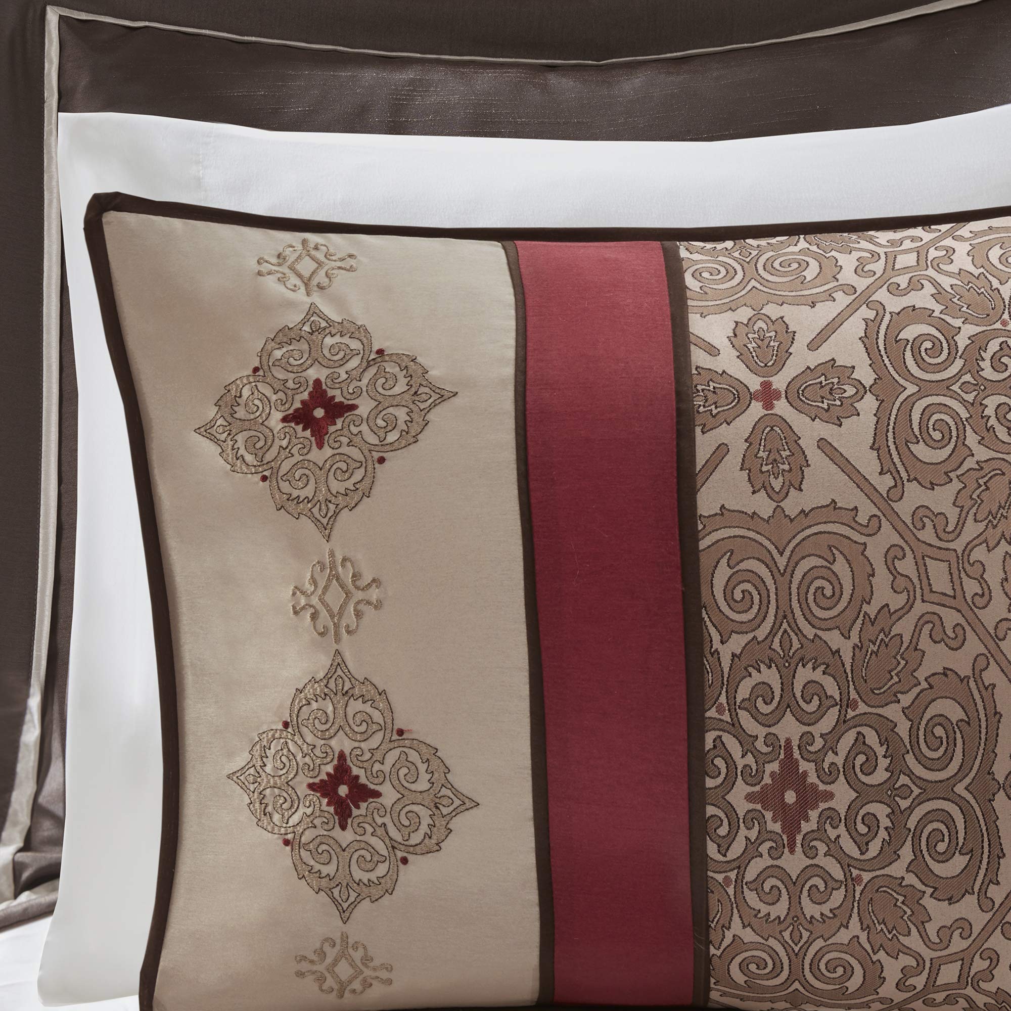 Madison Park Essentials Delaney 24-Piece Room In A Bag Comforter Set-Satin Jacquard, All Season Luxury Bedding, Sheets, Decorative Pillows And Curtains, Valance, King(104'X92'), Medallion Red