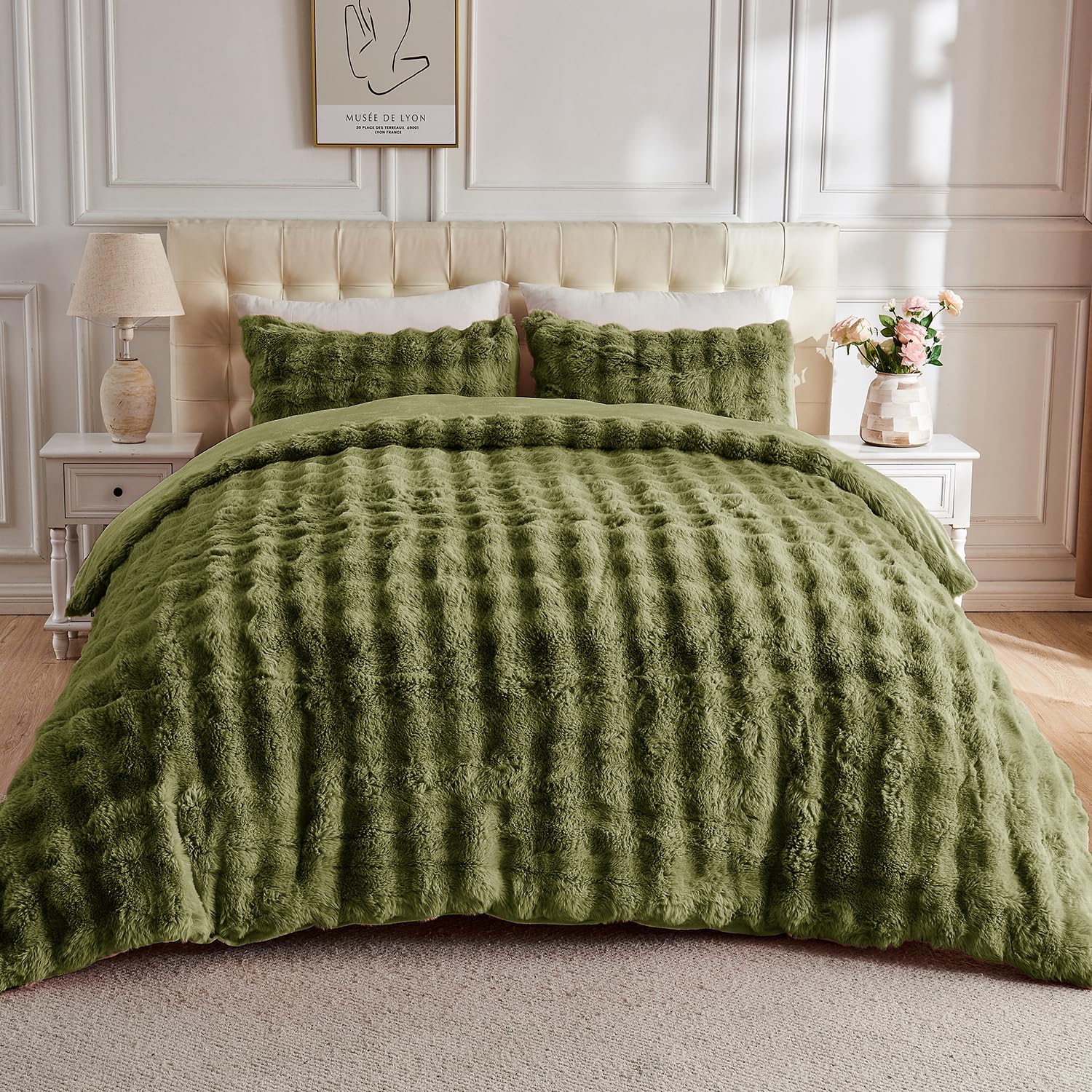 Lotus Karen Fluffy Comforter Cover Set-Rabbit Fluff Faux Fur Duvet Cover Queen Size,Dark Green Plush Fuzzy Furry Bedding Sets 3P