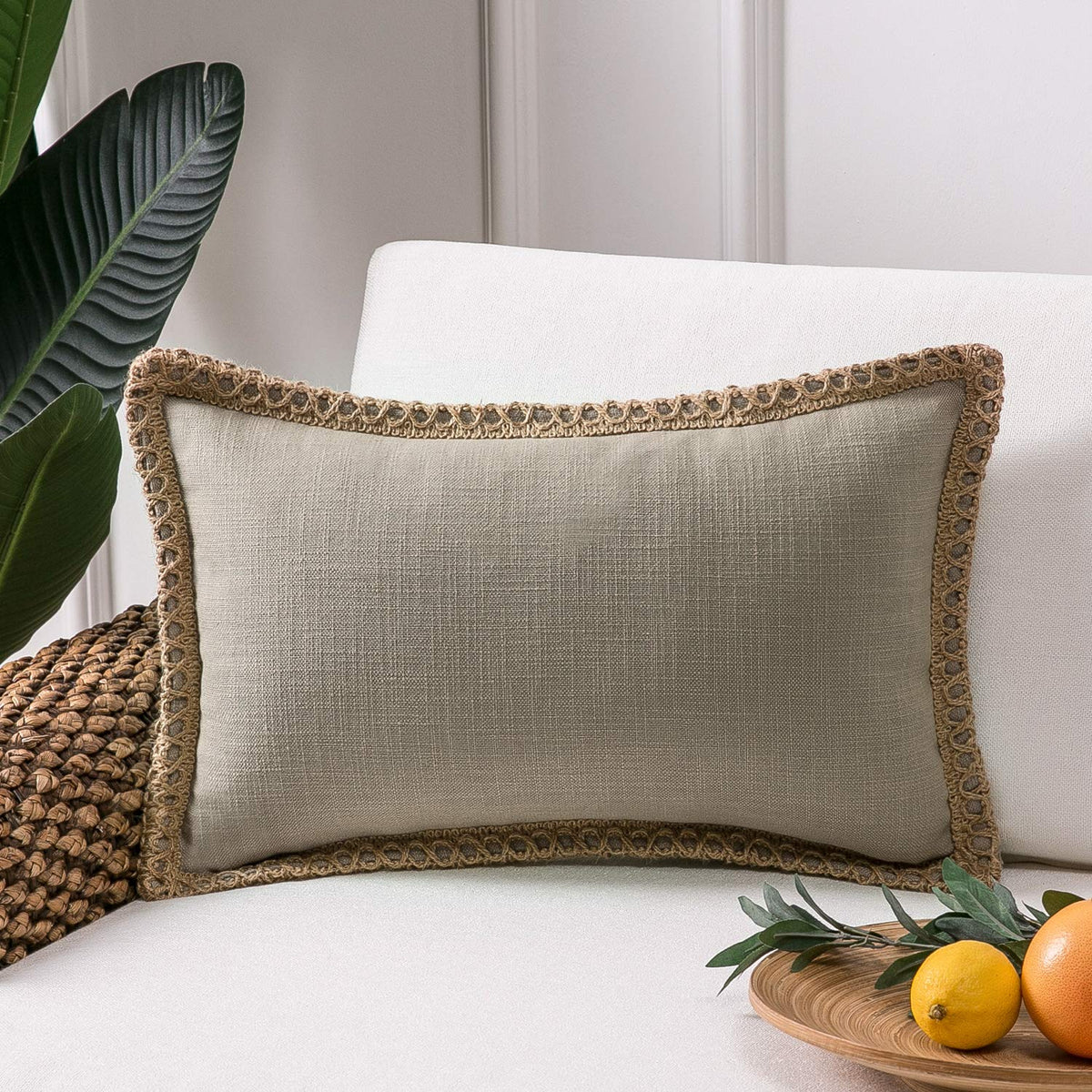 Phantoscope Farmhouse Solid Throw Decorative Pillow Cover Burlap Linen Trimmed Tailored Edges Outdoor Pillow Beige 12 X 20 Inche