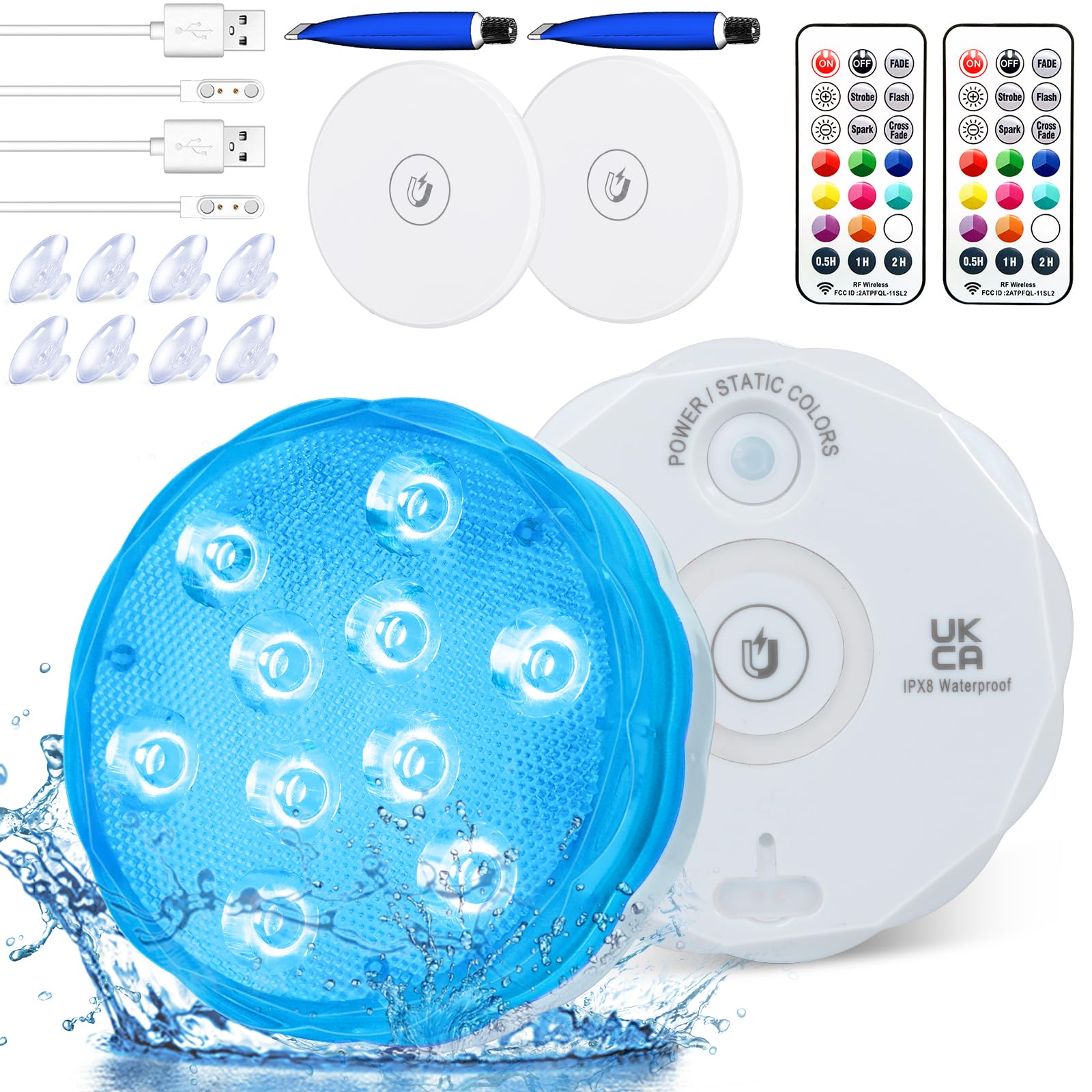 Rechargeable Submersible Led Lights With Remote, Usb Color Changing Bathtub Light With Magnet Suction Cups, Waterproof Underwate