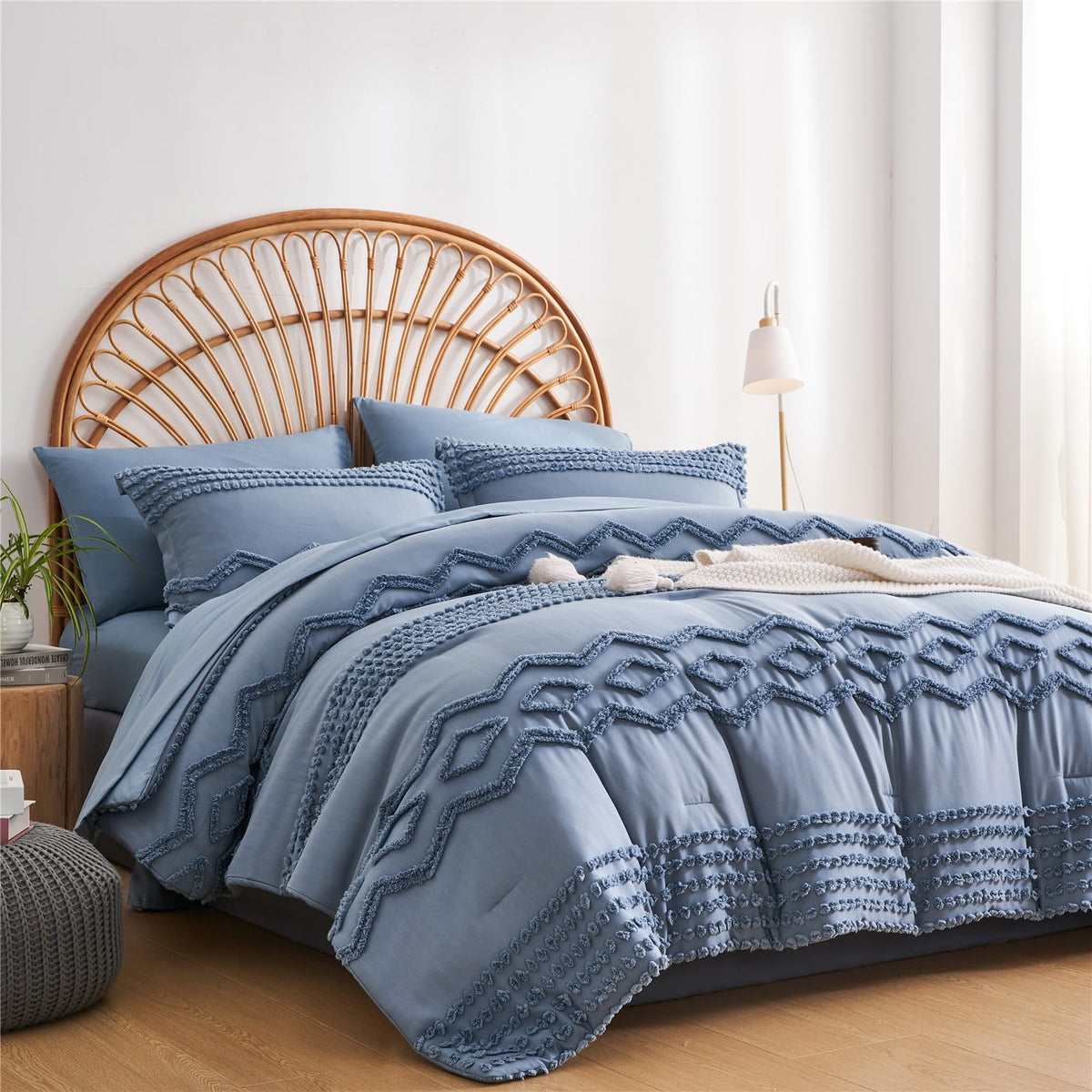 Kakijumn Blue Tufted Comforter Set Full Size 7 Piece Bed In A Bag, Shabby Chic Boho Comforter And Sheet Set, Pom Pom Textured Be