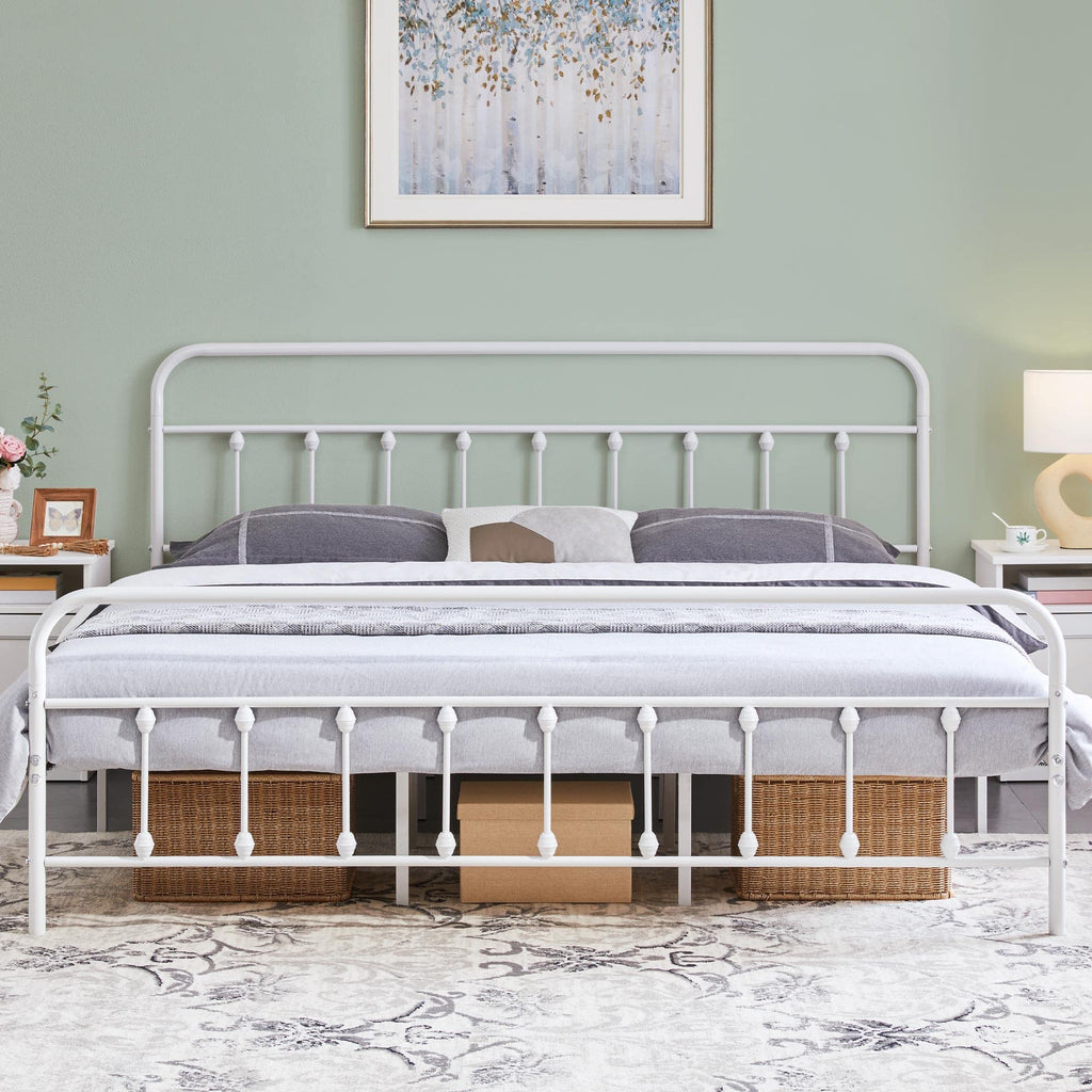 Yaheetech Classic Metal Platform Bed Frame Mattress Foundation With Victorian Style Iron-Art Headboard/Footboard/Under Bed Storage/No Box Spring Needed/King Size White