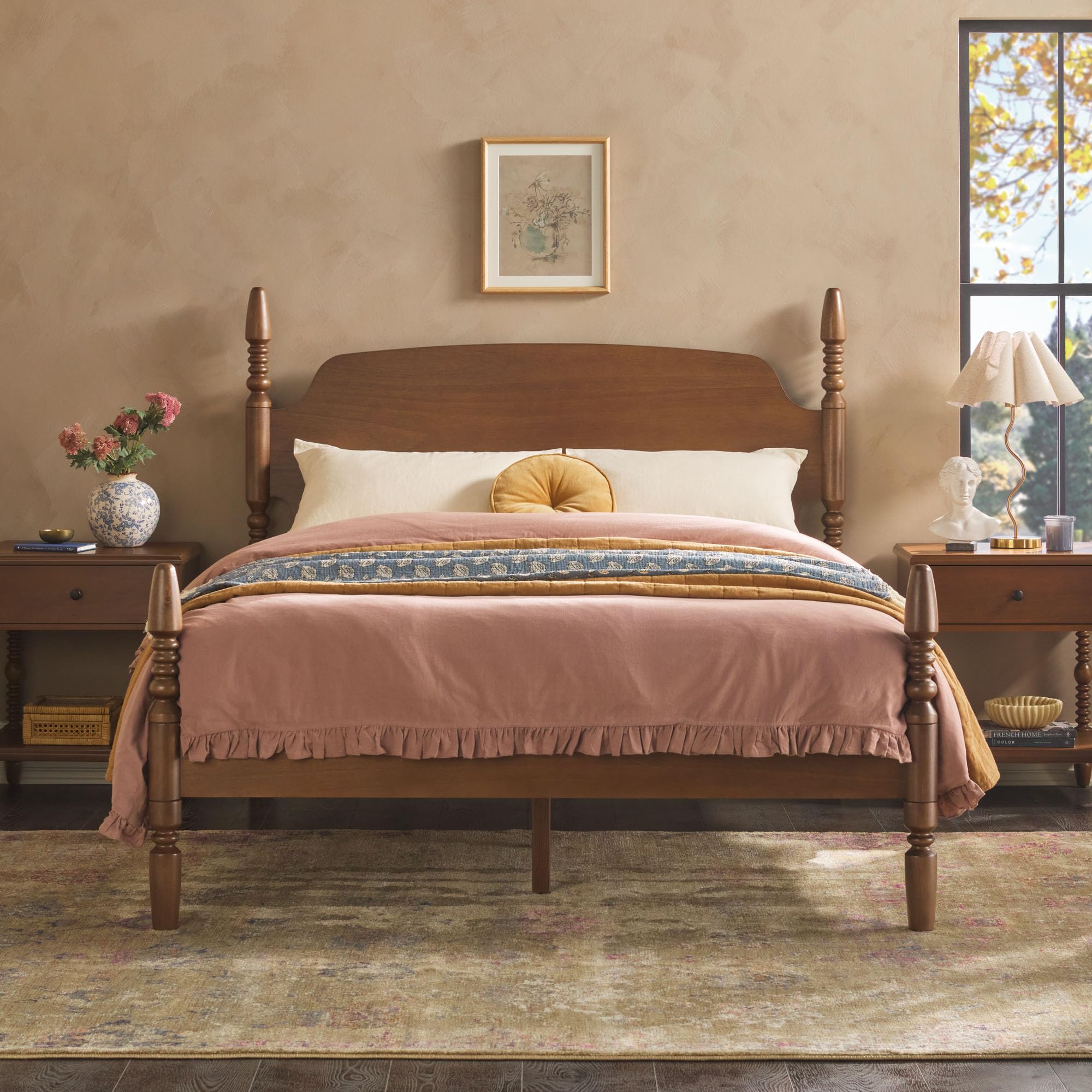 Walker Edison EZ Assembly Traditional Wood Spindle Post Bed, Modern Farmhouse Bed Frame Queen Bed Frame with Headboard, No Box S