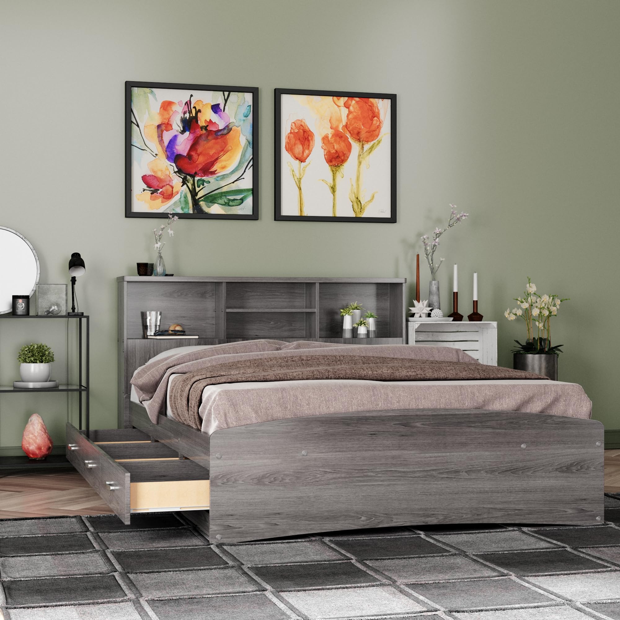 Bed with 3 Drawers and Bookcase Headboard (Grey, Full)