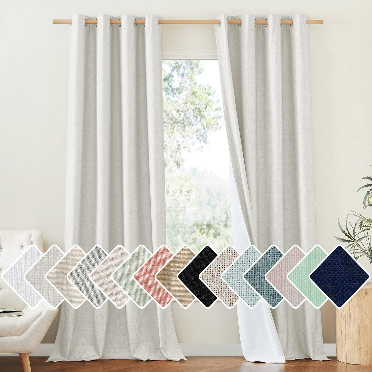 Nicetown 100% Absolutely Blackout Linen Curtains With Thermal Insulated White Liner, Ivory, W52, 2 Pieces, Noise Reducing Textur