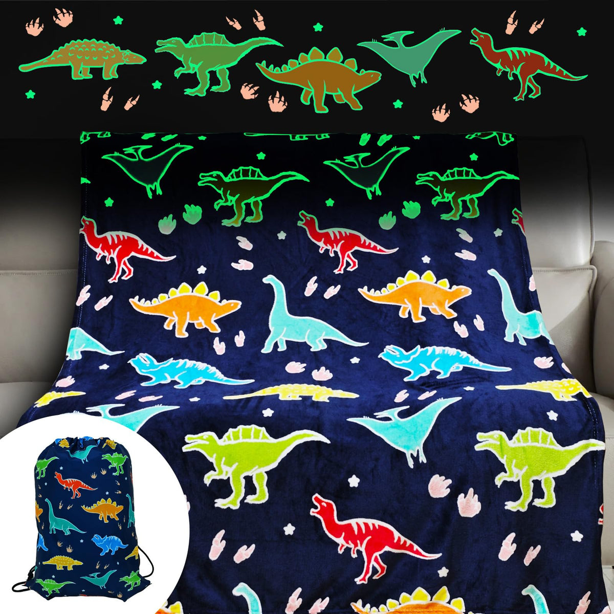 Dino Blanket,Glow In The Dark Dinosaur Blanket With Bag For Boys Kids Girls Child Teen Cute Soft Dinosaur Gifts Toys For Birthda