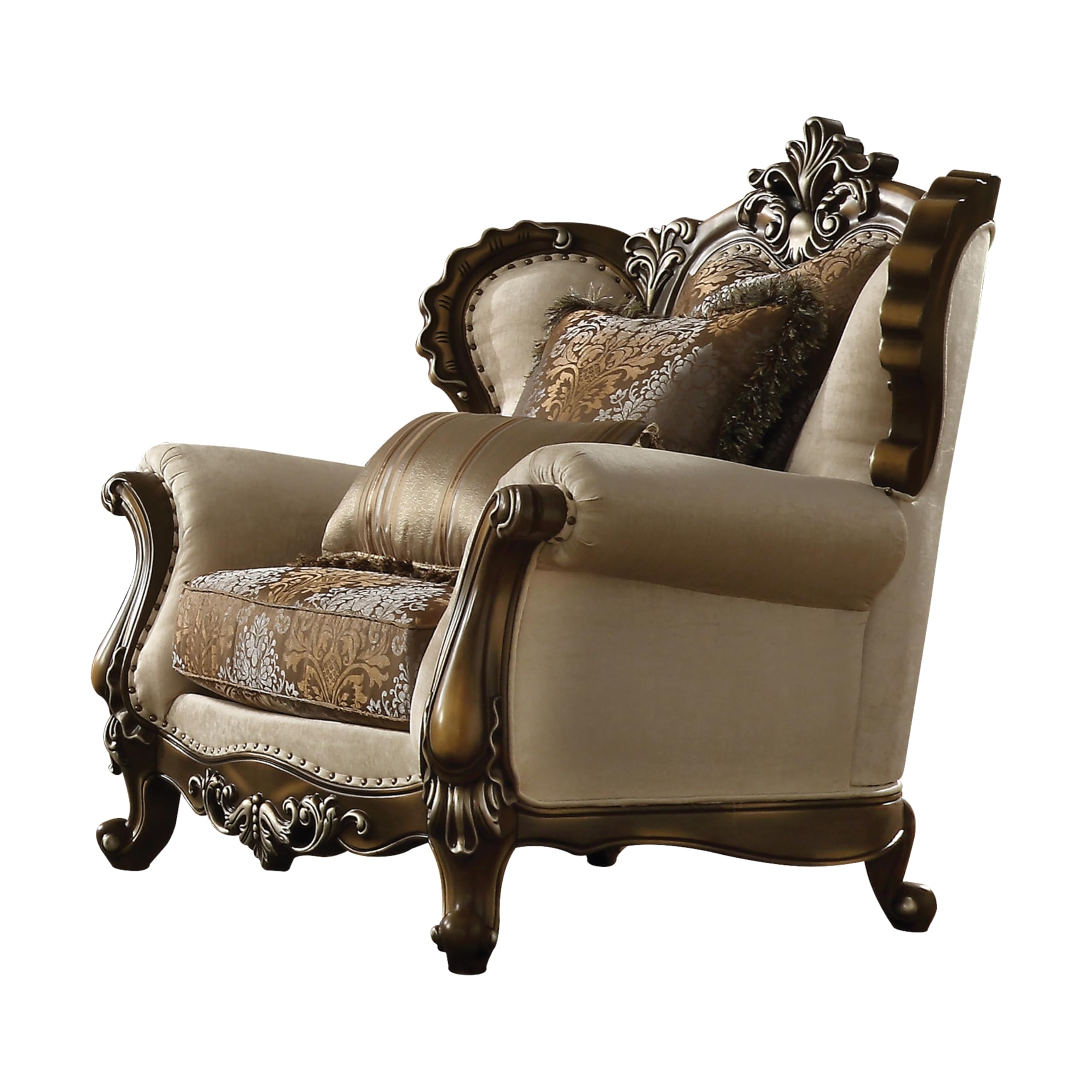 Acme Latisha Chair with Nailhead Trim in Tan Pattern Fabric and Antique Oak