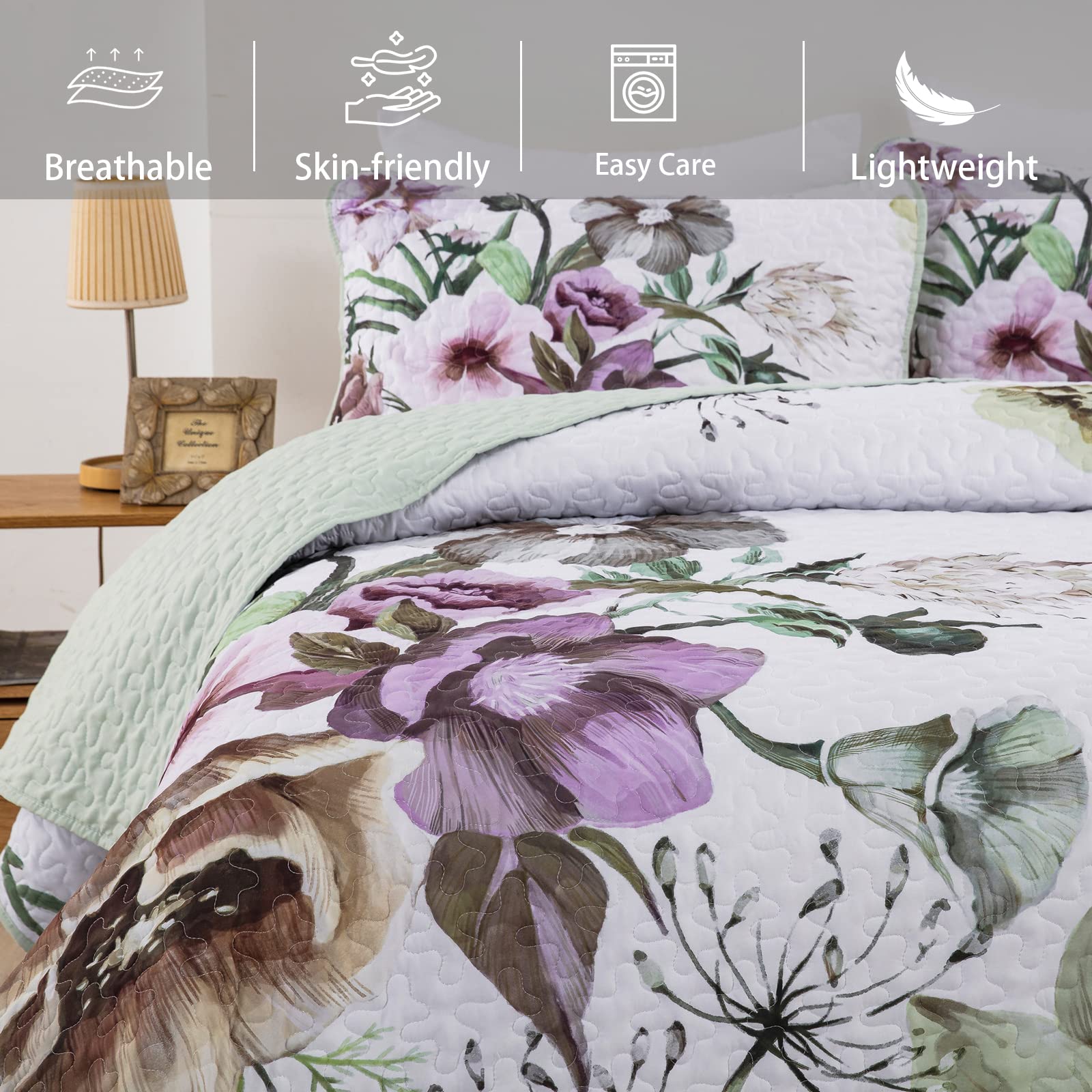 Drucon Floral Quilt Set Queen 3 Pieces Boho Green Quilt Coverlet Set Soft Microfiber Lightweight Green Quilted Bedspread For All