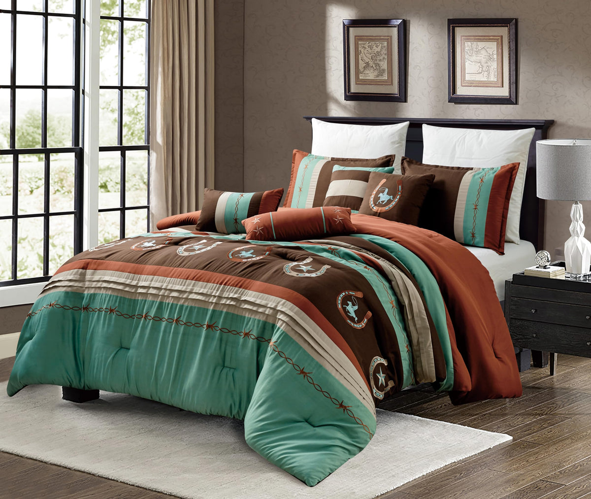 Esca 7-Pieces Aulani Western Brown And Teal Comforter Set Southwest Bedding Queen Size