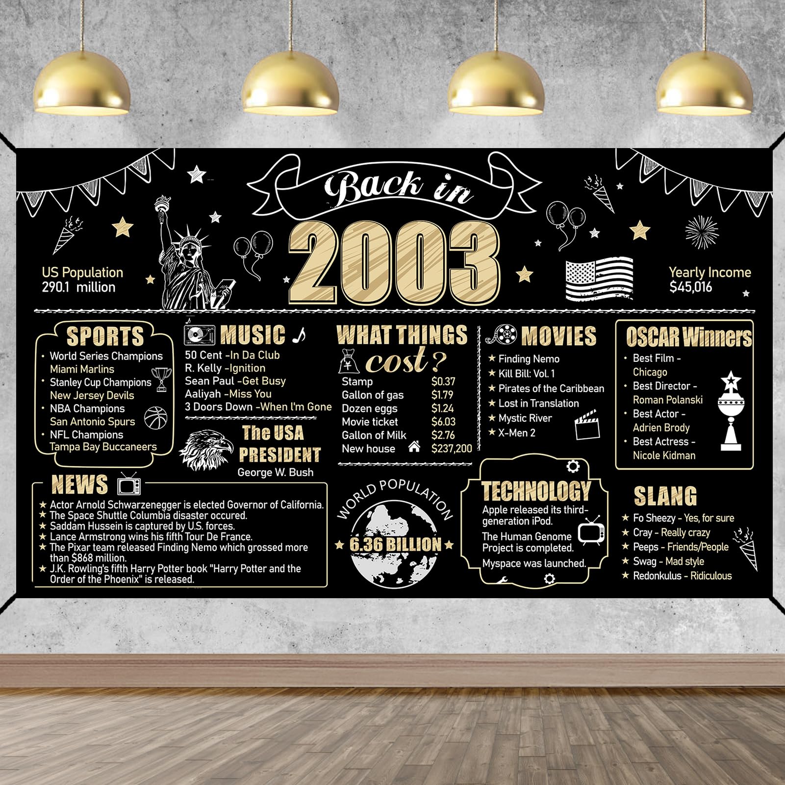 Eiurteao 21st Birthday Decorations Back in 2003 Banner Backdrop for Men Women, Black Gold Happy 21st Birthday Sign Poster Party 