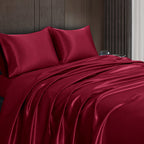 Homiest 4Pcs Satin Sheets Set Luxury Silky Satin Bedding Set With Deep Pocket, 1 Fitted Sheet + 1 Flat Sheet + 2 Pillowcases (Queen Size, Burgundy)