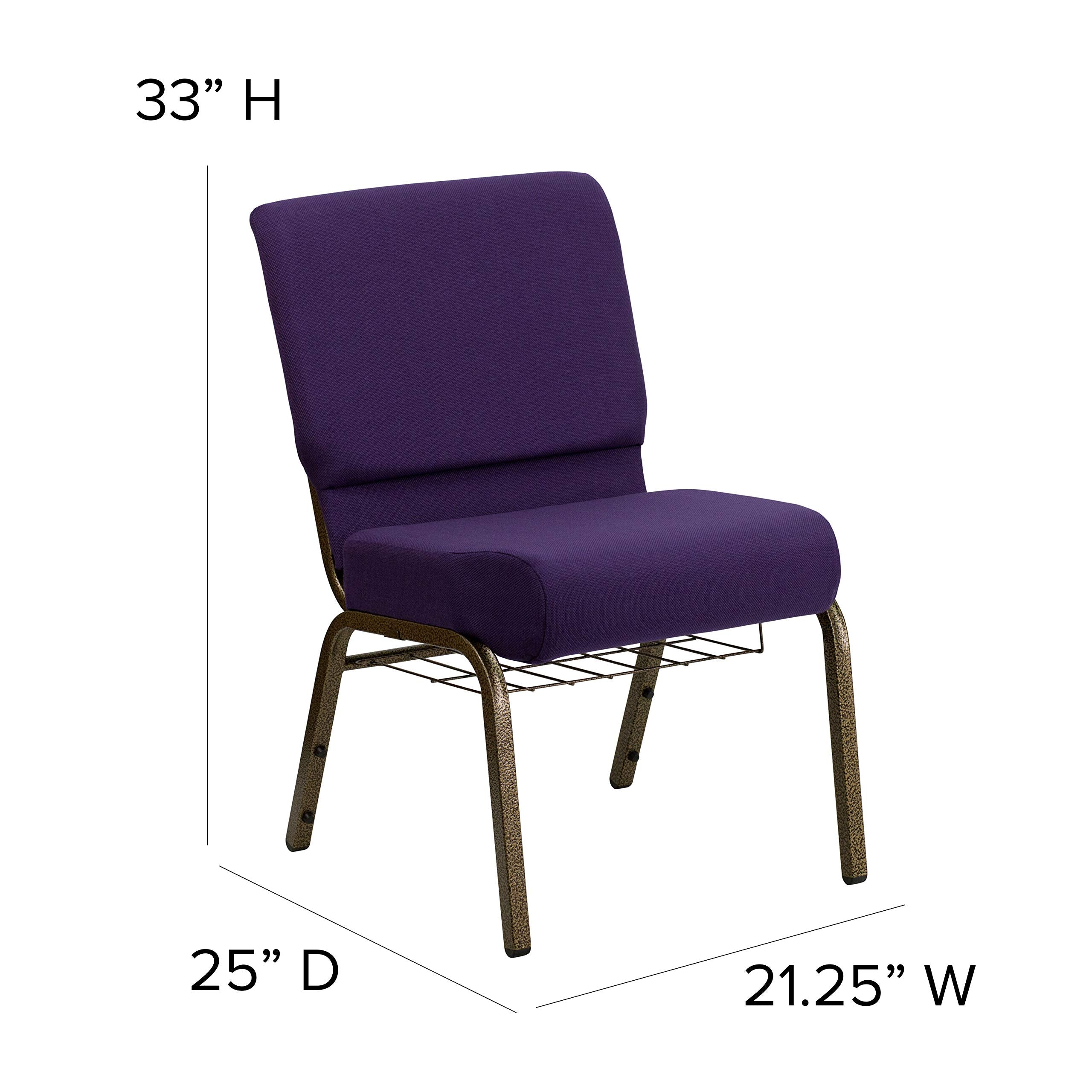 Flash Furniture HERCULES Series 21''W Church Chair in Royal Purple Fabric with Cup Book Rack - Gold Vein Frame