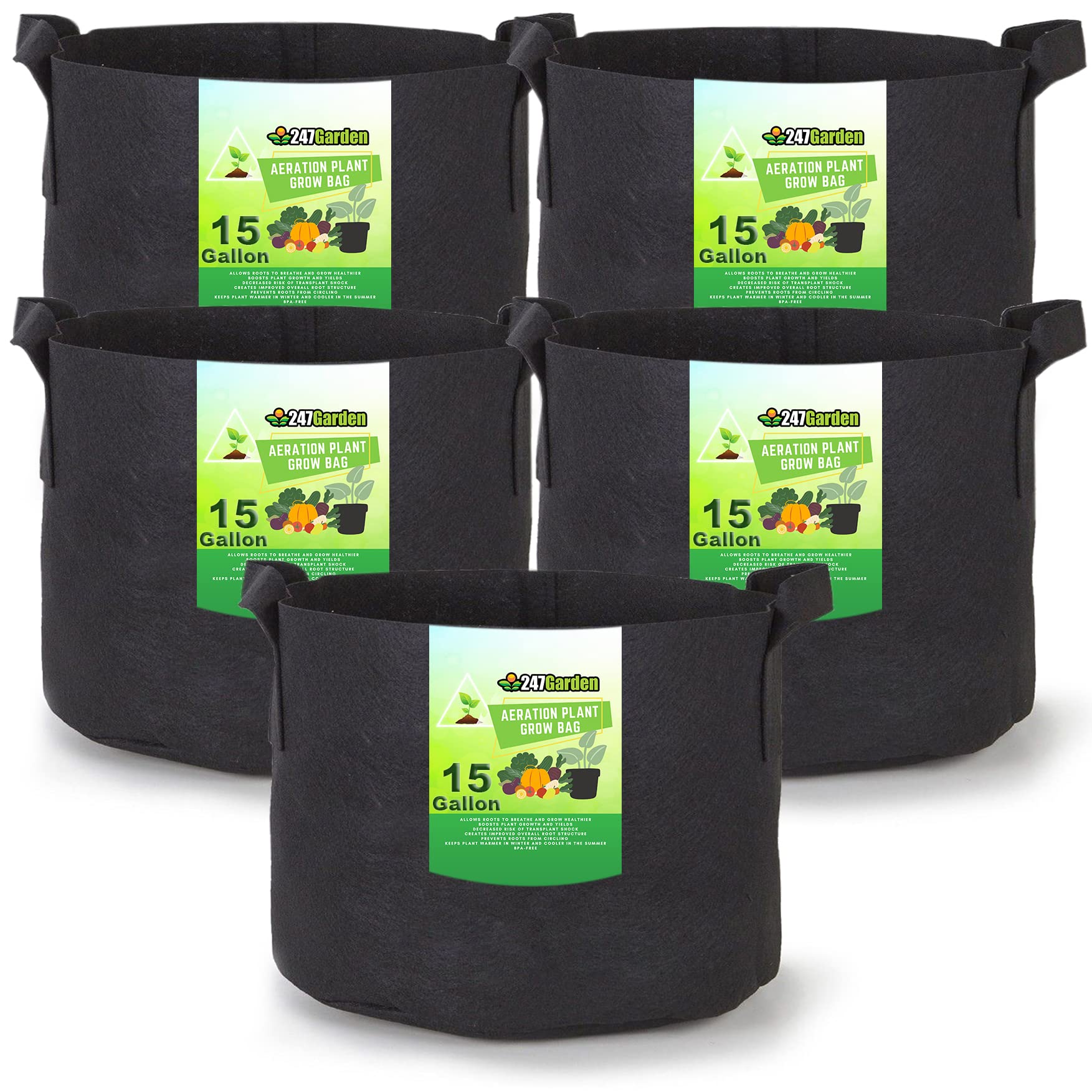 247Garden 5-Pack 15-Gallon Aeration Fabric Pot/Plant Grow Bag W/Handles (260 Gsm, Black, 14.5H X 17D)