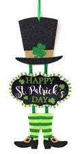 Glittery Happy St. Patricks Day Themed Hanging Welcome Sign with Leprechaun Top Hat and Feet