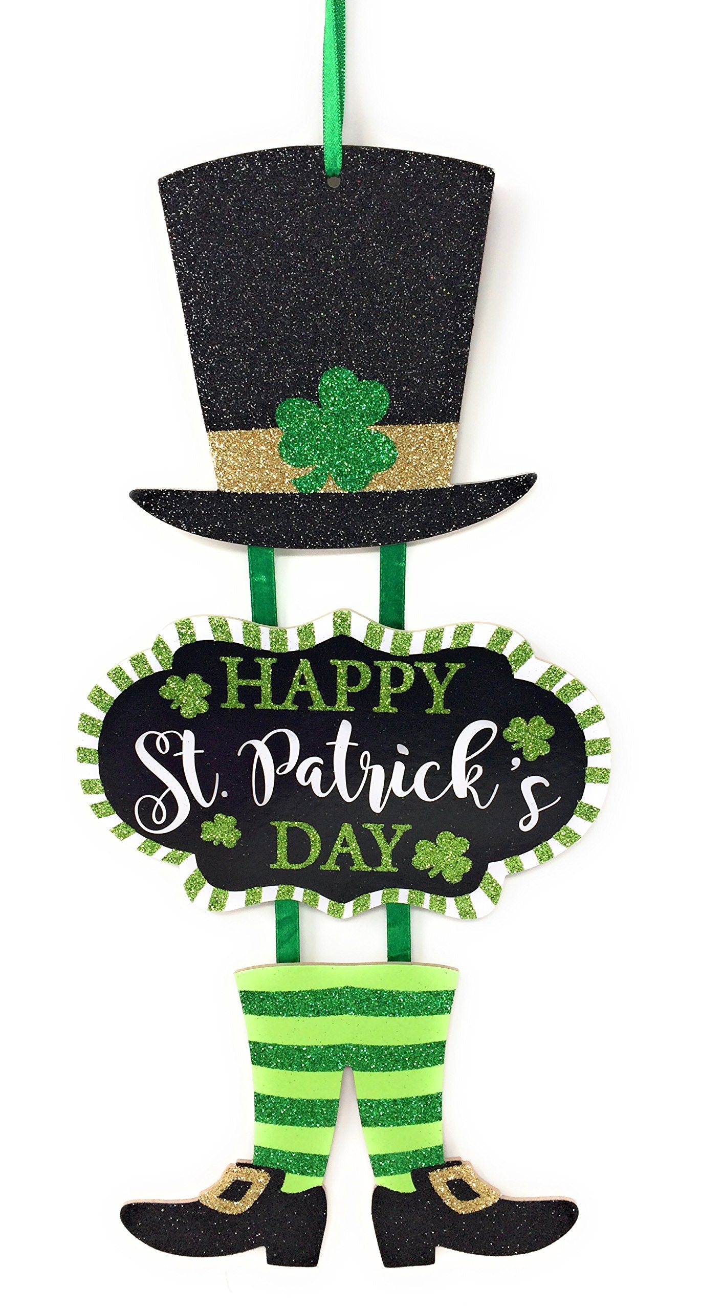 Glittery Happy St. Patricks Day Themed Hanging Welcome Sign with Leprechaun Top Hat and Feet