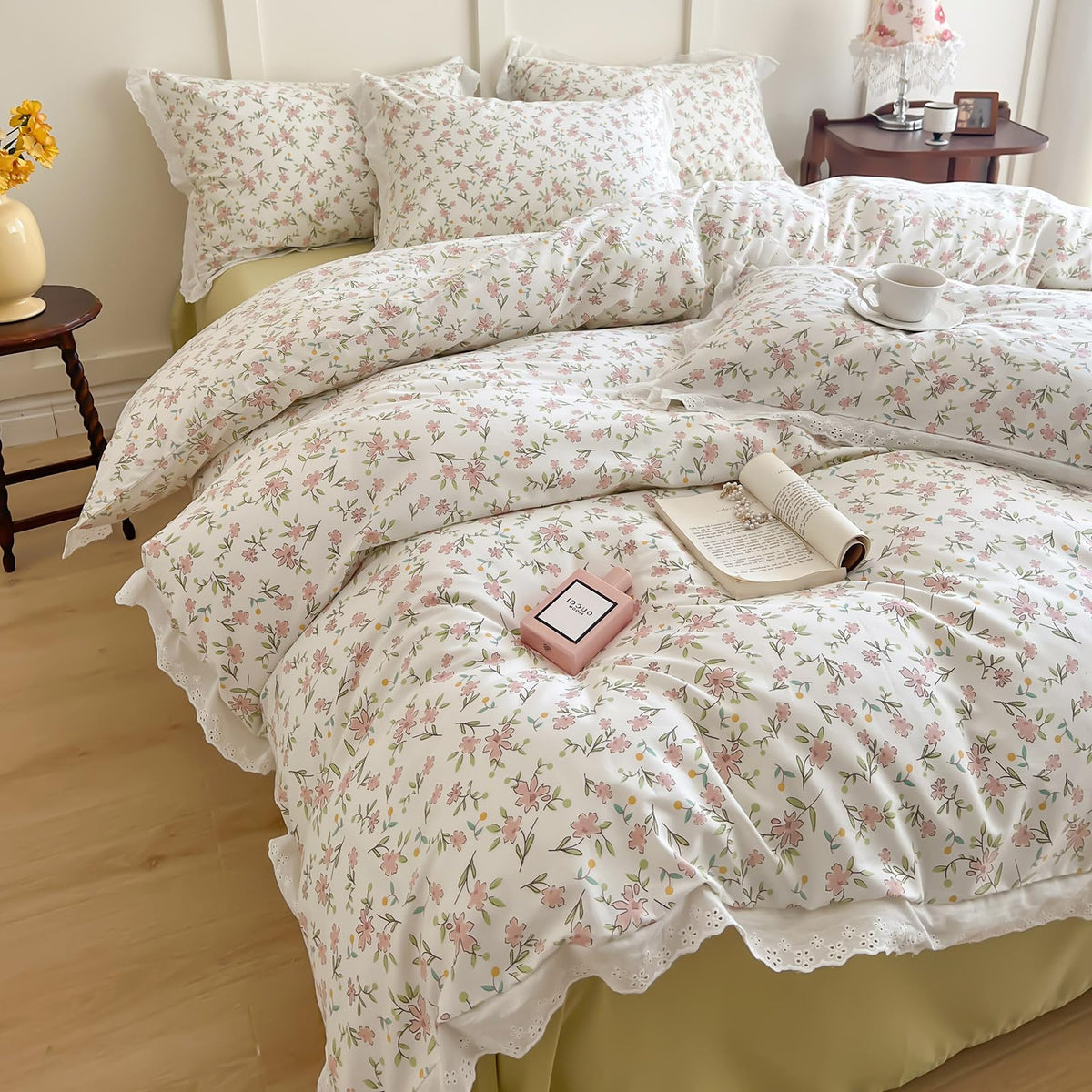 Girls Floral Ruffle Bedding Pink Flower Duvet Cover Queen Romantic Princess Lace Duvet Cover Cotton Boho Floral Duvet Cover Cute