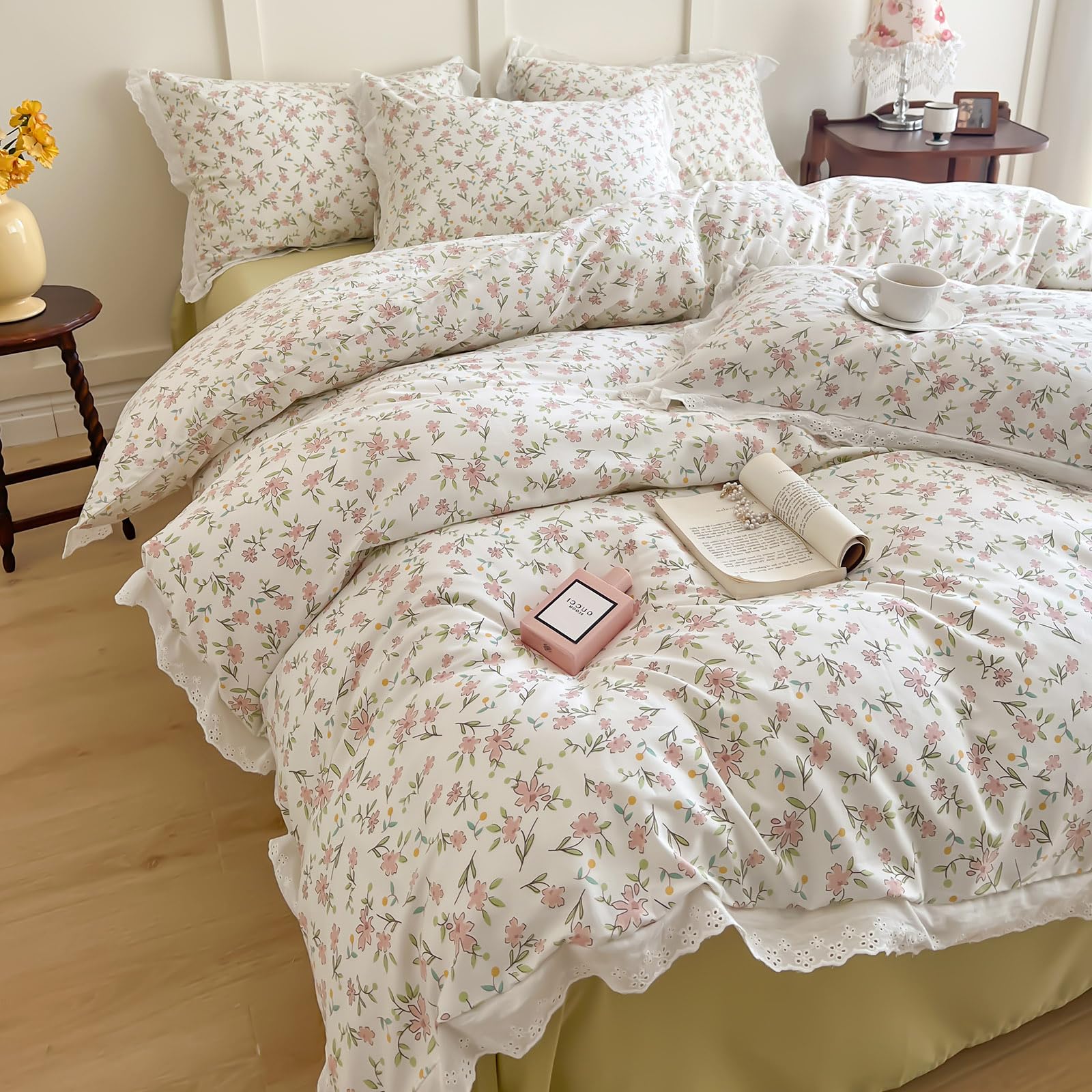Girls Floral Ruffle Bedding Pink Flower Duvet Cover Queen Romantic Princess Lace Duvet Cover Cotton Boho Floral Duvet Cover Cute