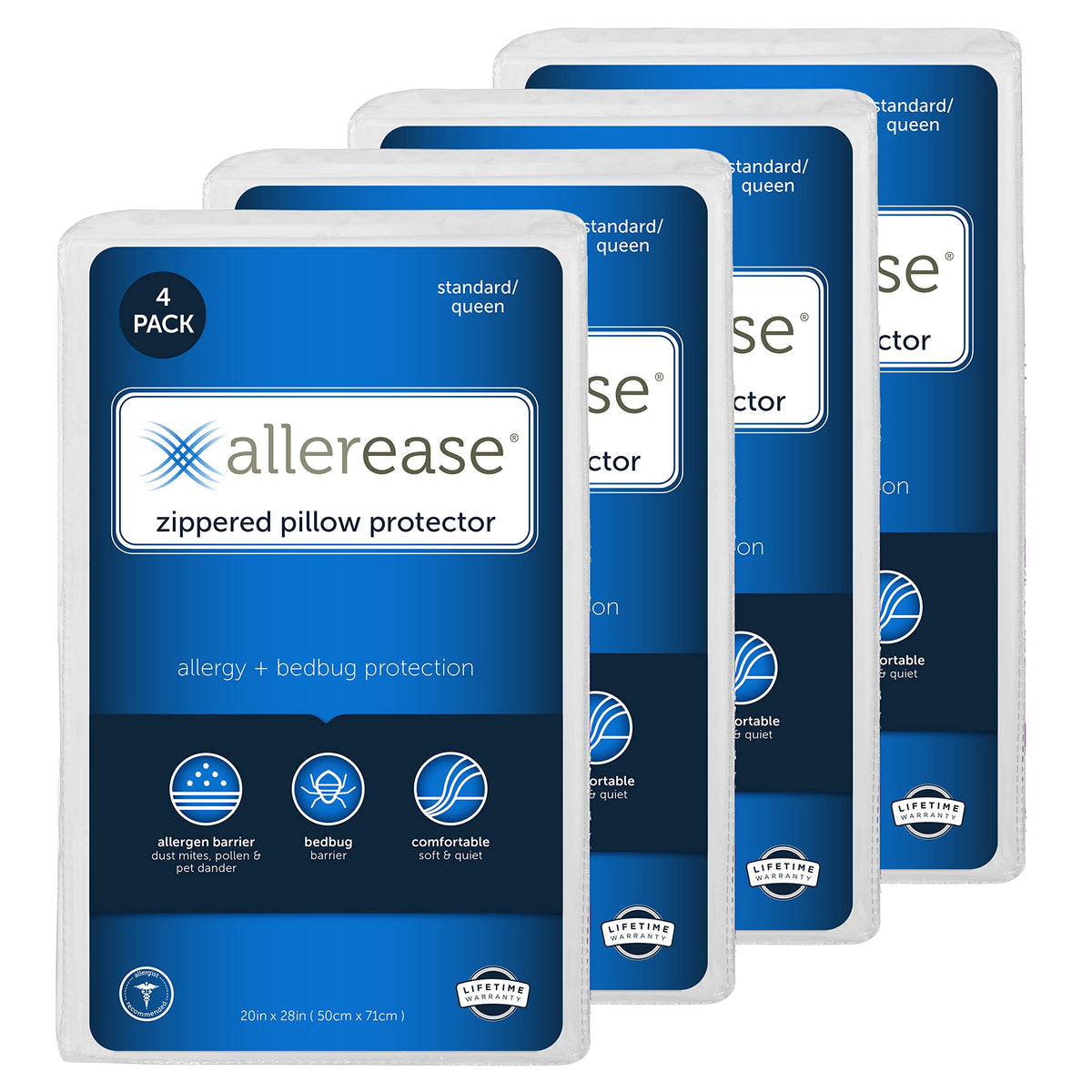 Set Of 4 King Allerease Pillow Protectors - Moisture Wicking, Advanced Allergy Protection - Premium Polyester, Zippered Protecto