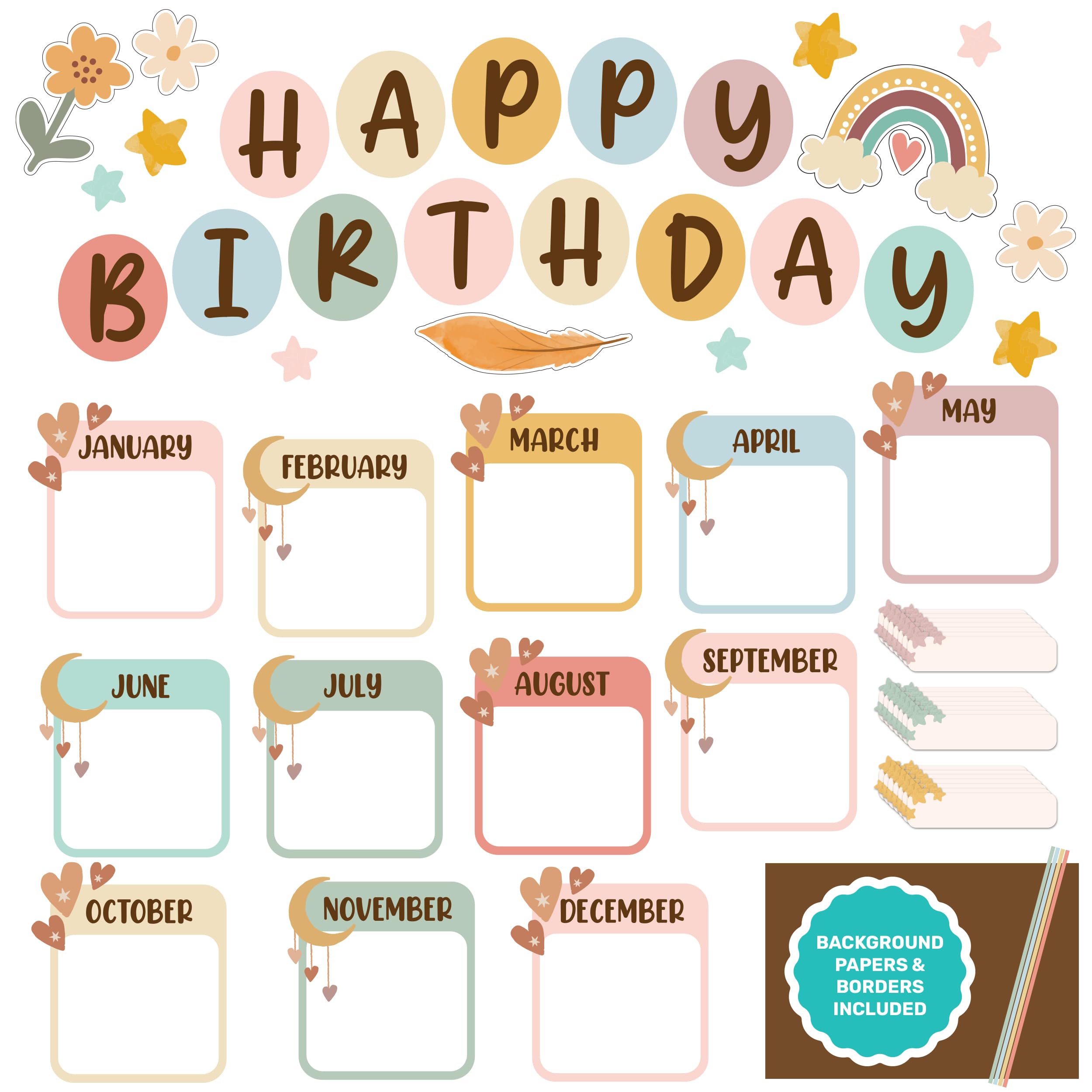 109 Pcs Boho Classroom Birthday Chart For Classroom With Background Papers & Borders - Birthday Board Classroom, Birthday Bullet