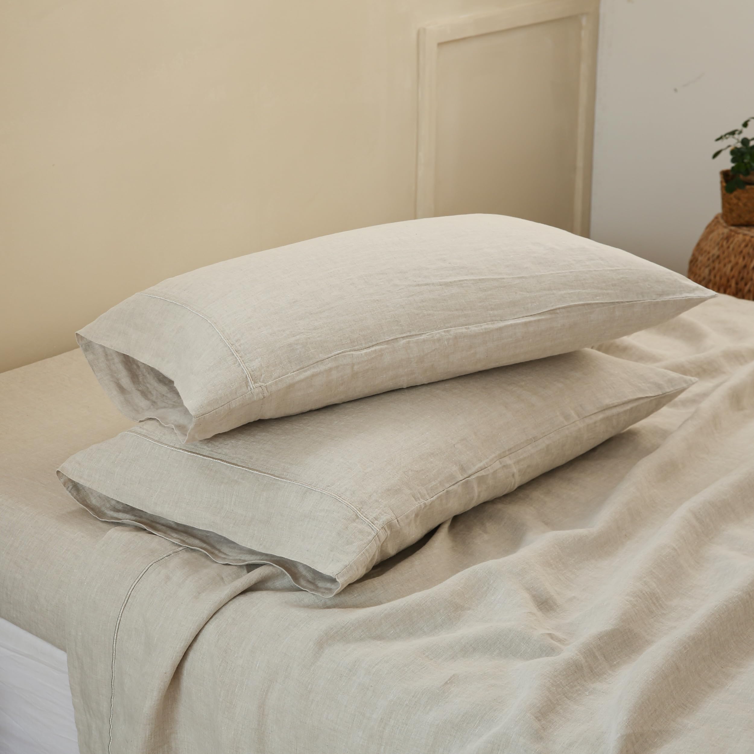 King Linens 100% French Linen Pillowcases With Embroidery - Pack Of 2 - Washed Solid Color Natural Flax Soft Breathable - Linen,