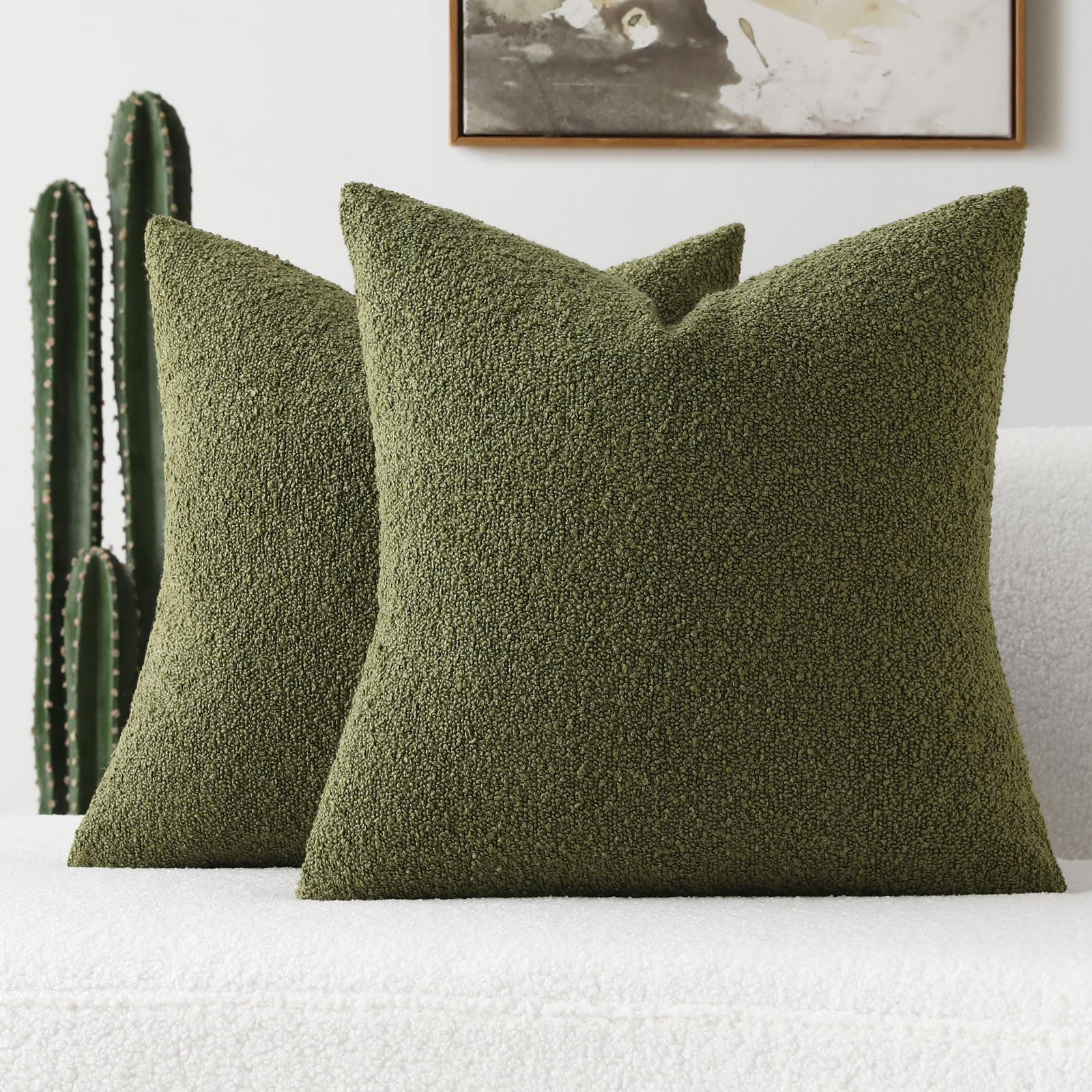 Futei Pack Of 2 Moss Green Boucle Accent Decorative Throw Pillow Covers,24X24 Inch Soft Solid Textured Euro Pillow Shams,Home De