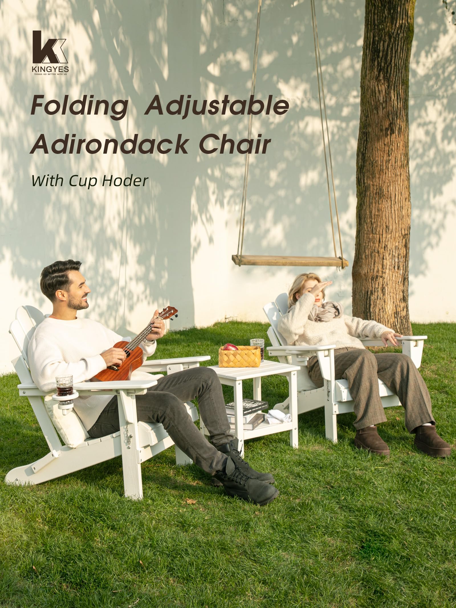 Kingyes Folding Adjustable Adirondack Chair, All Weather Resistance Reclining Adirondack Chair With Cup Holder, Hdpe Folding Adirondack Chair, White