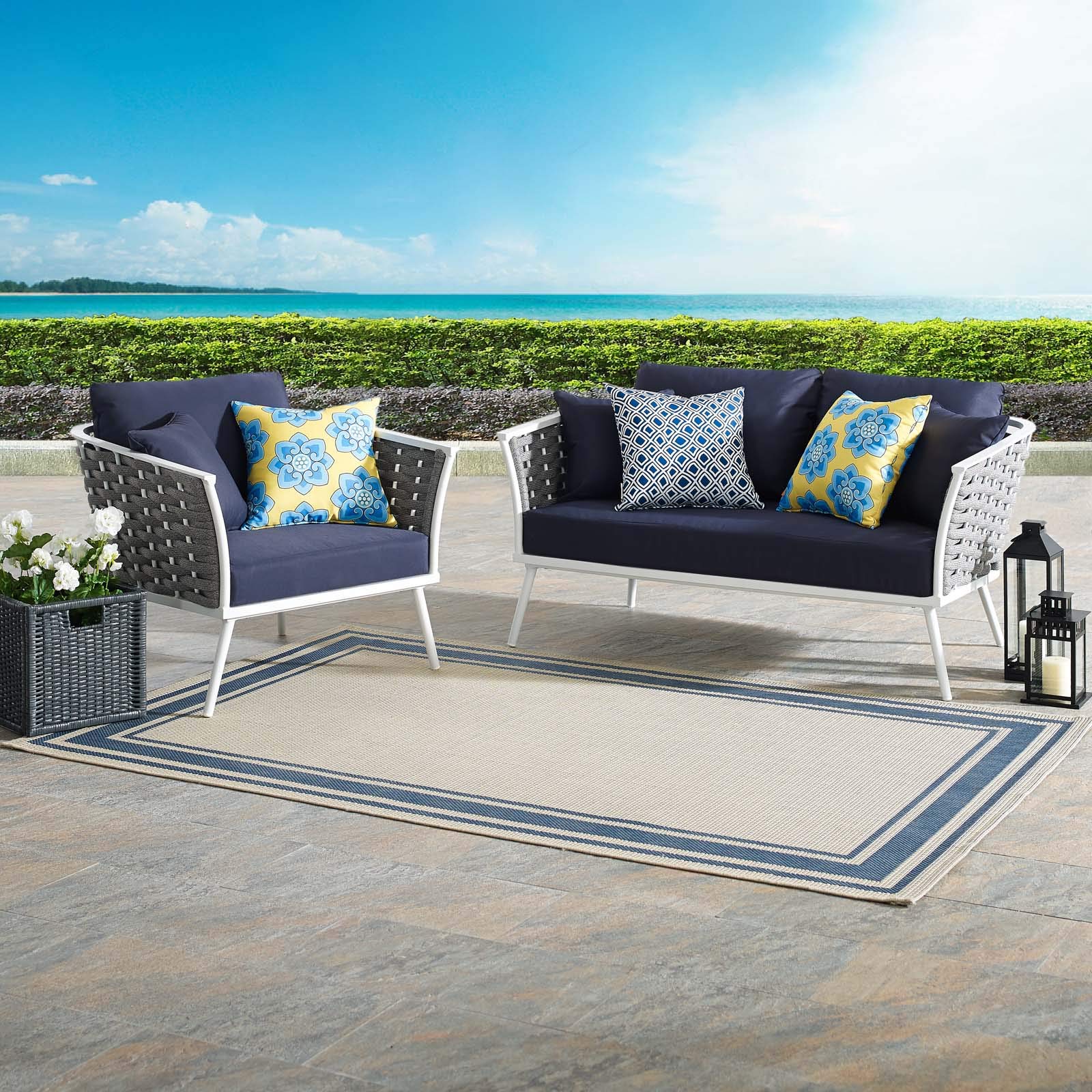 Modway Stance Outdoor Patio Aluminum, Loveseat And Armchair, White Navy