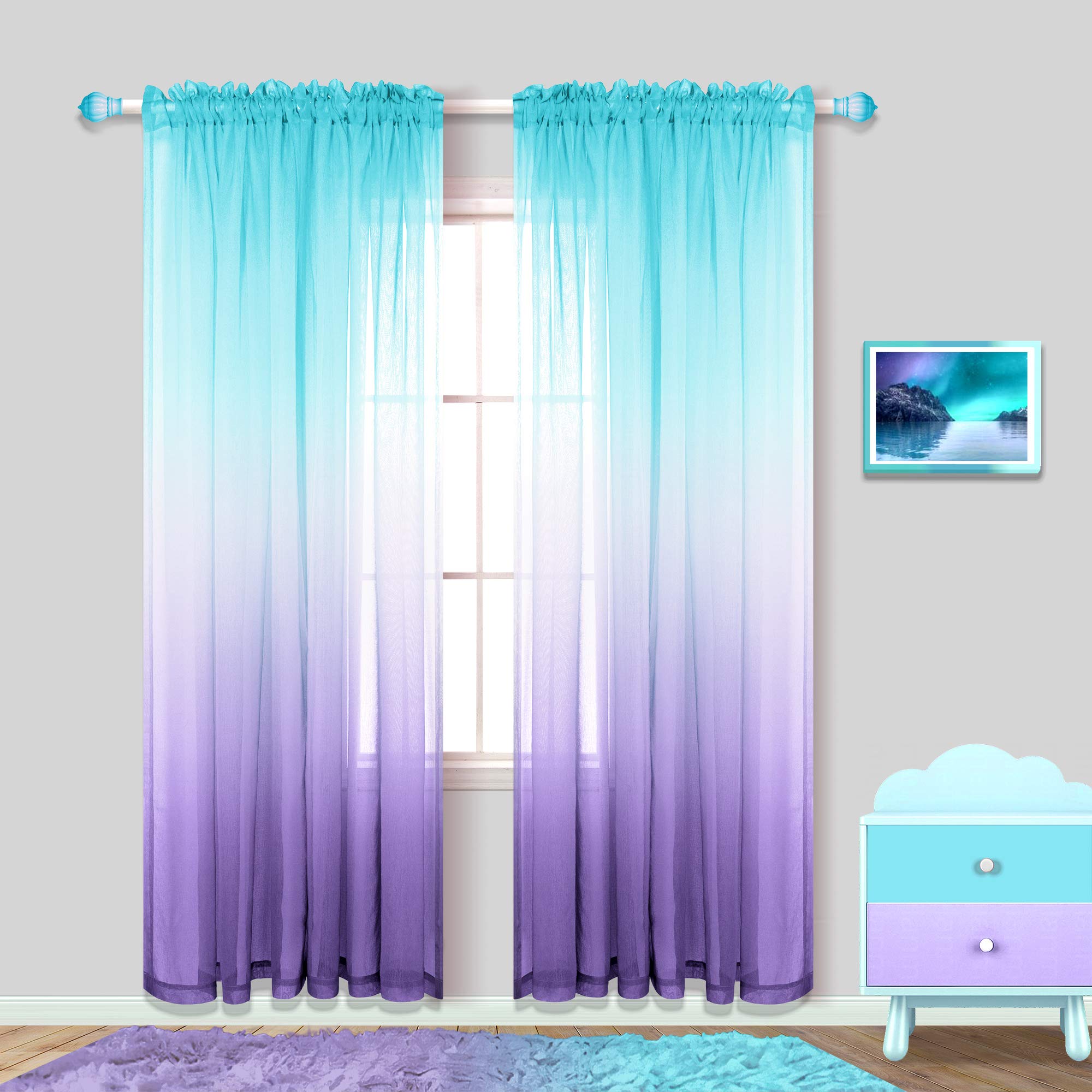 Girls Room Decor Set Of 2 Panels Sheer Ombre Lilac Purple Aqua Teal Mermaid Curtains For Girls Bedroom Decorations 84 Inch Lengt