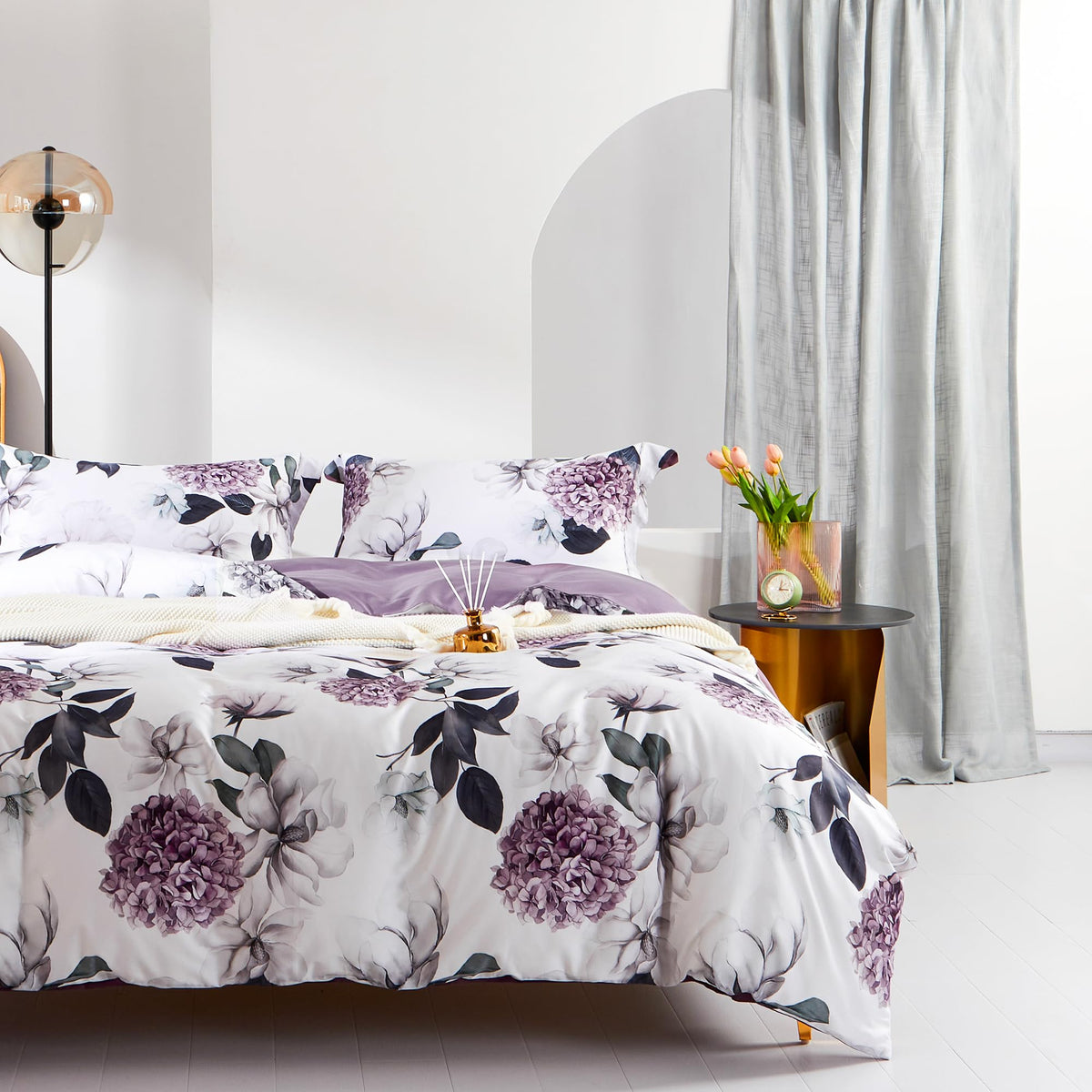 MILDLY 100% Long-Staple Cotton Duvet Cover Set Purple Hydrangea Lotus Flower Pattern Printed Comforter Cover 3pcs, Ultra Soft & 