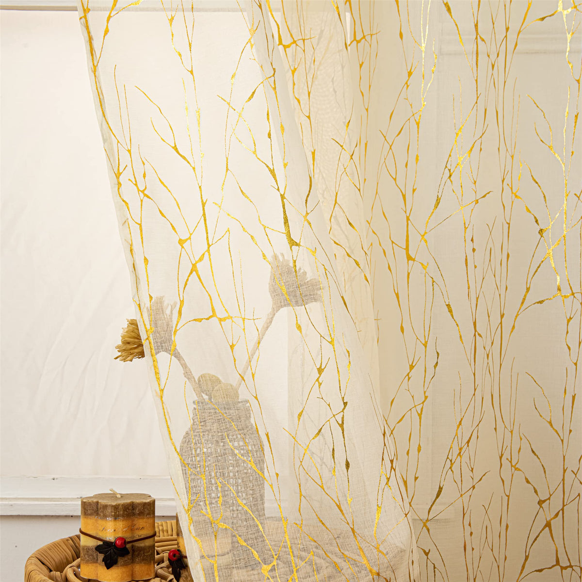 Deeprove Cream Sheer Curtains 96 Inch Length 2 Panels, Tree Branch Gold Foil Print Metallic For Bedroom Dining Room Abstract Dec