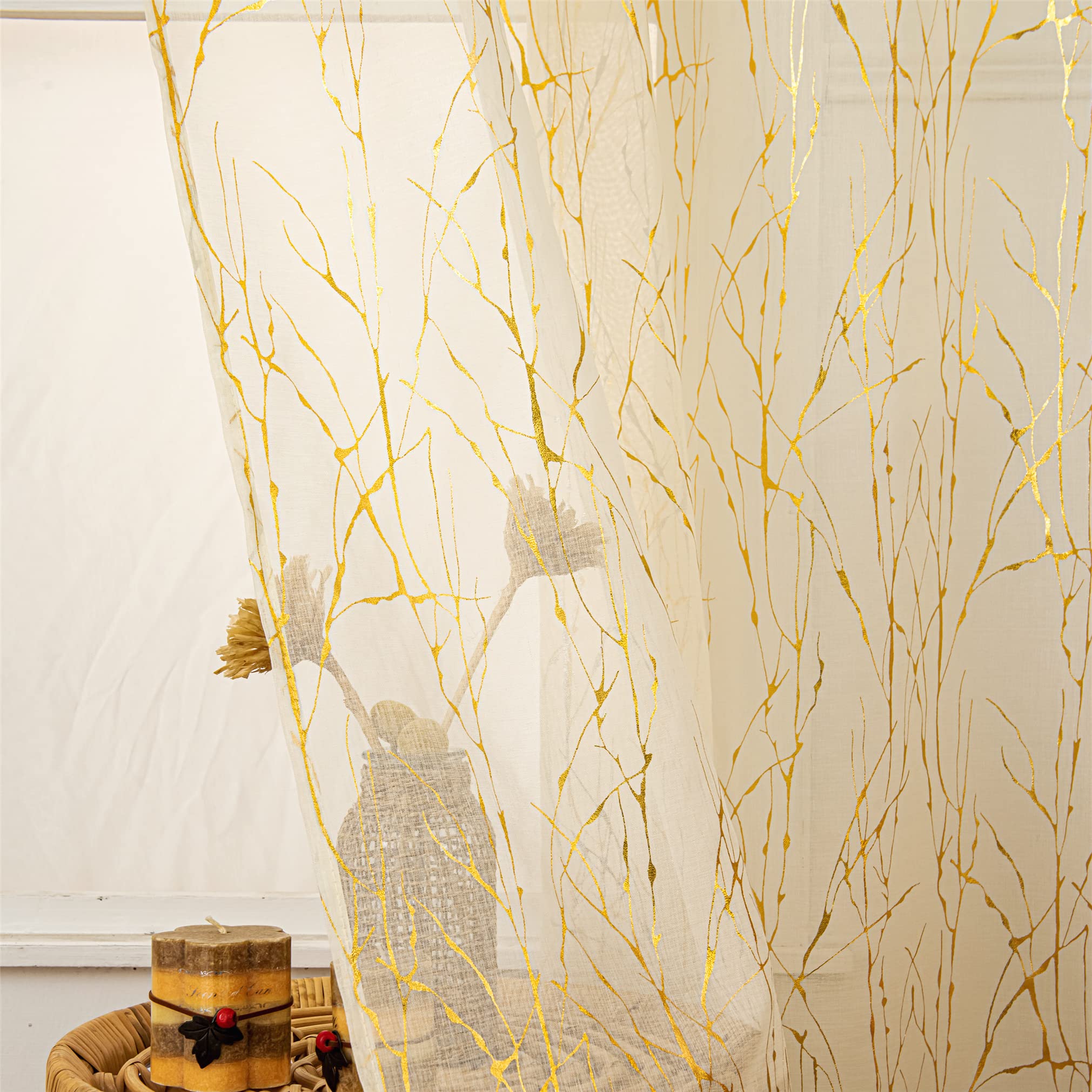 Deeprove Cream Sheer Curtains 84 Inchs Long 2 Panels Set, Tree Branch Gold Foil Print Metallic For Bedroom Abstract Christmas De