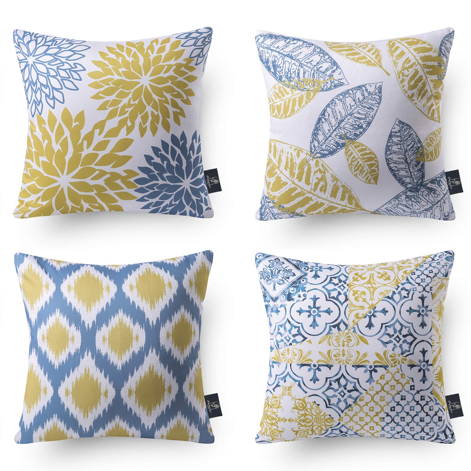 Phantoscope Set Of 4 New Living Series Leaf Geometric Yellow And Blue Throw Decorative Pillow Cover Cushion Cover 18 X 18 Inches
