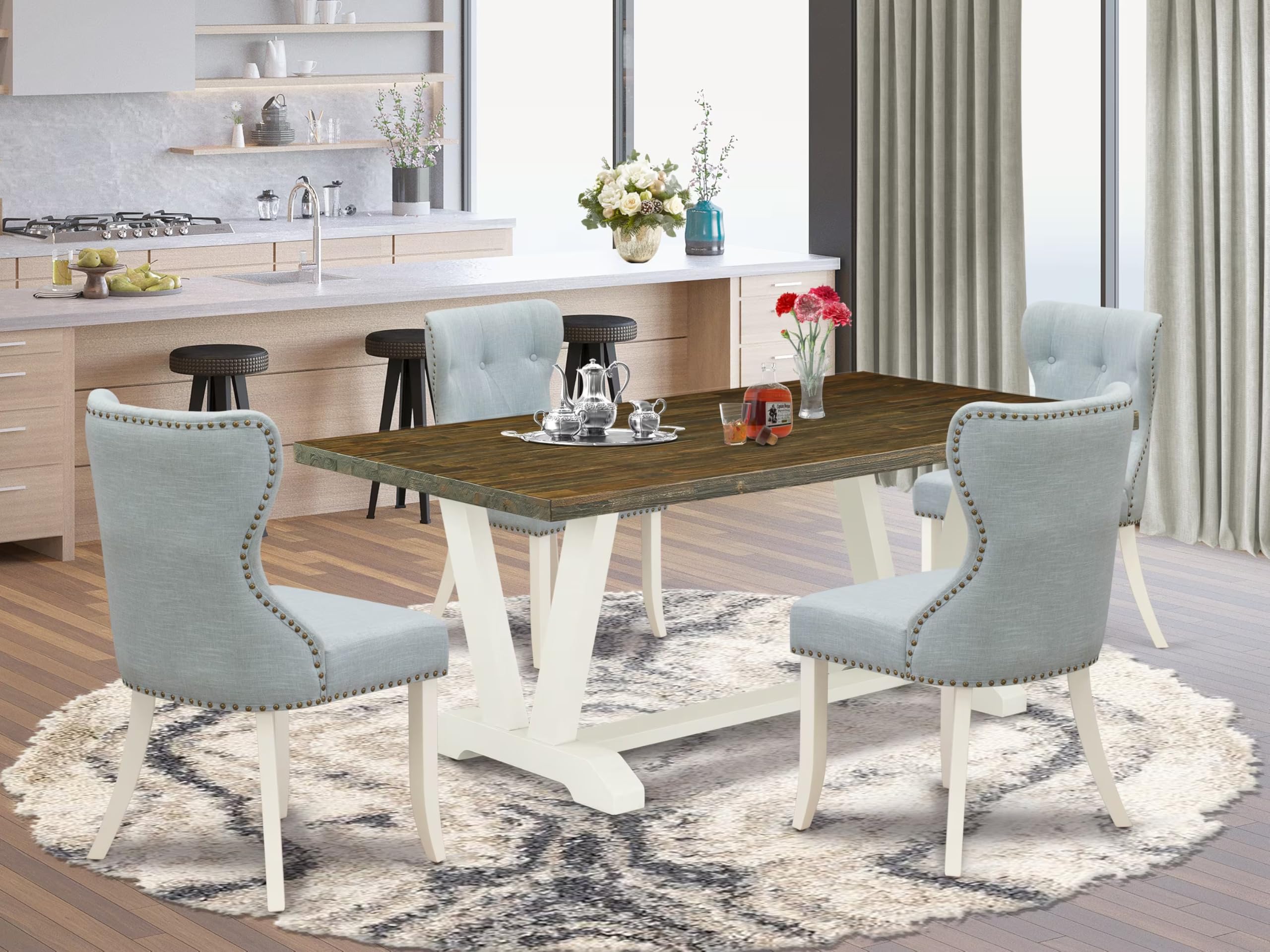 East West Furniture V077Si215-5 5 Piece Dining Set Includes A Rectangle Dining Room Table With V-Legs And 4 Baby Blue Linen Fabric Upholstered Parson Chairs, 40X72 Inch, Multi-Color