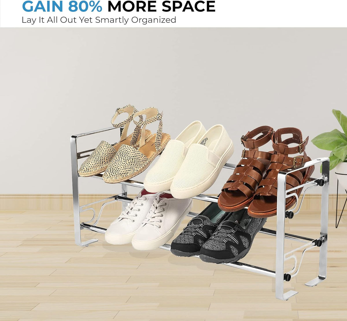 2-Tier Adjustable Freestanding Shoe Rack, Slide-N-Adjust, Chrome Finish