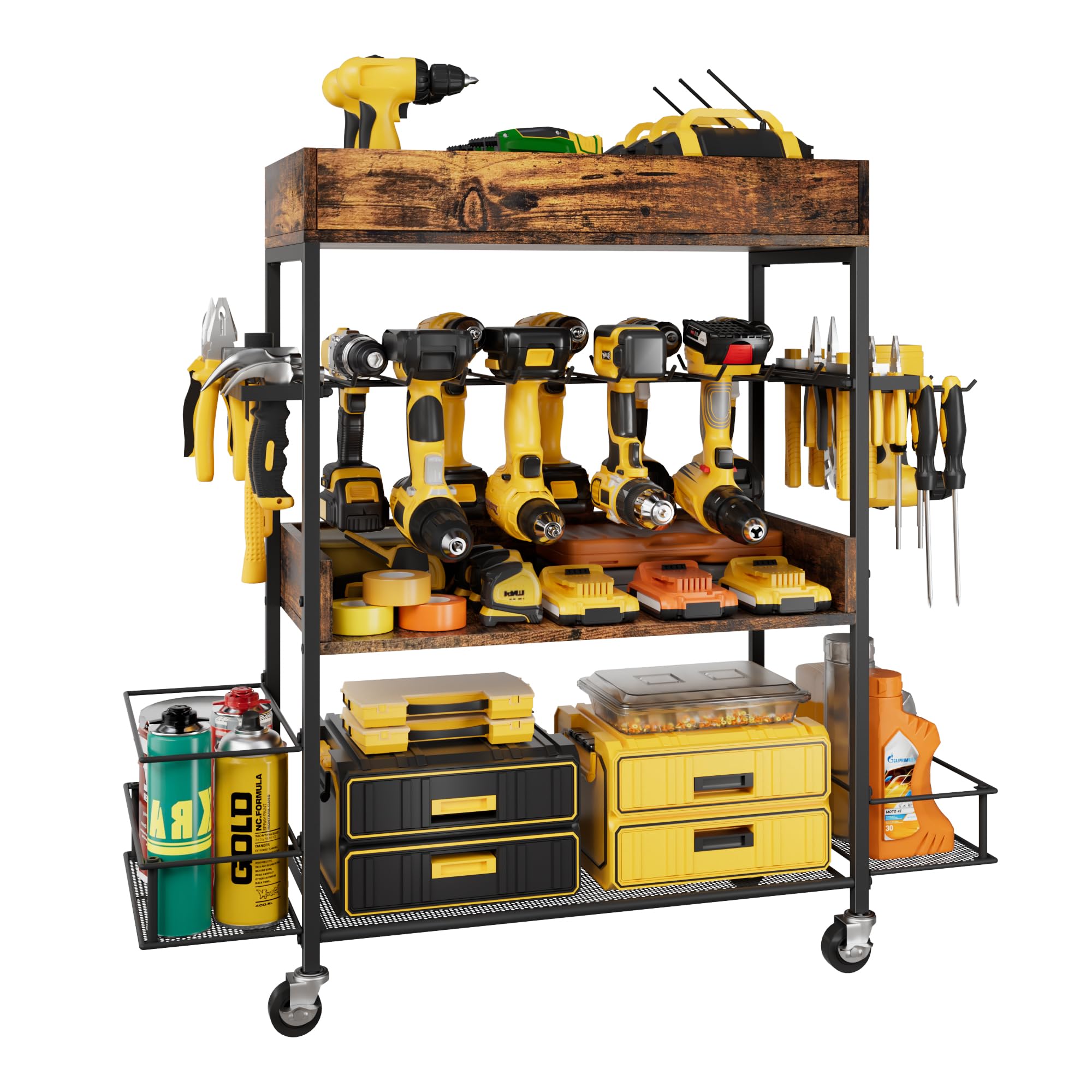 Dunatou Power Tool Organizer Cart Heavy Duty 4 Tier Rolling Tool Cart Garage Storage with Drill Rack Shelf Open Tool Chest Organ