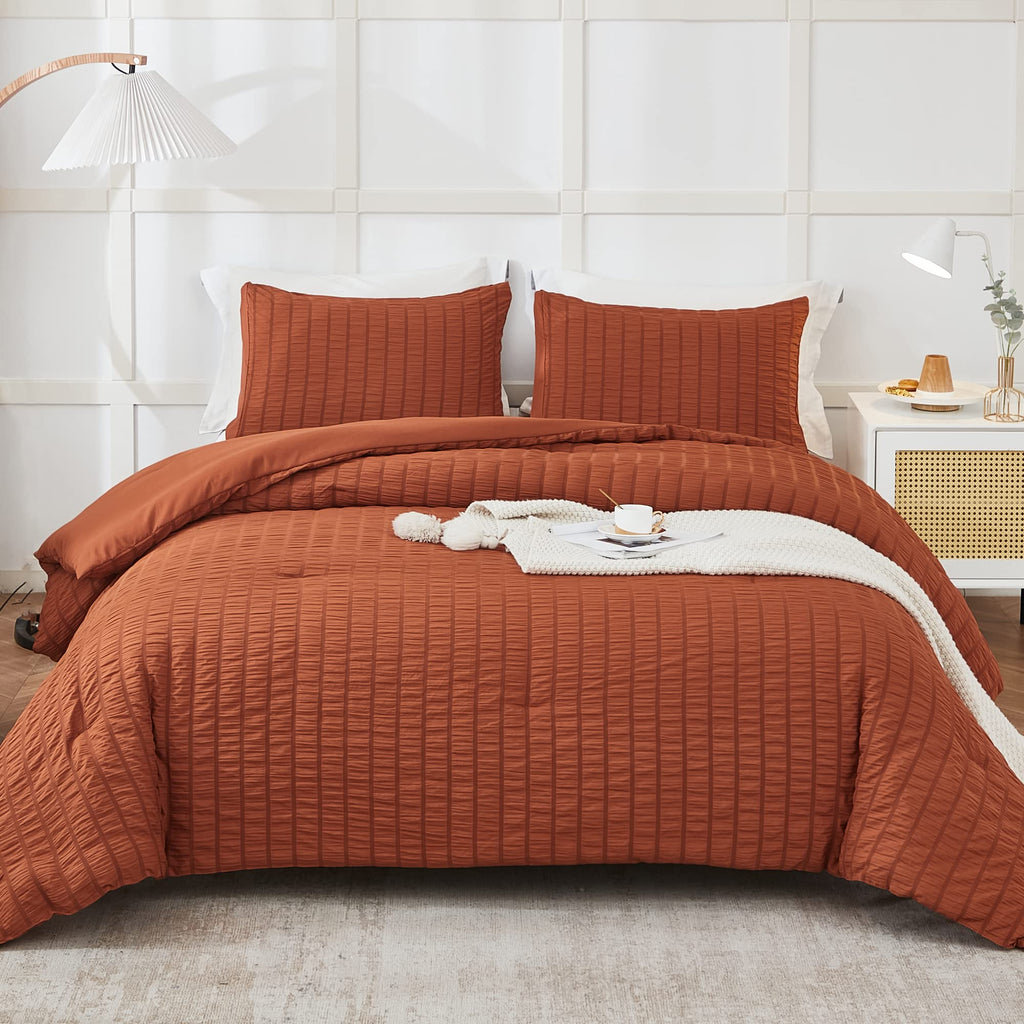 Avelom Terracotta Seersucker California King Comforter Set (104X96 Inches), 3 Pieces-100% Soft Washed Microfiber Lightweight Comforter With 2 Pillowcases, All Season Down Alternative Bedding Set