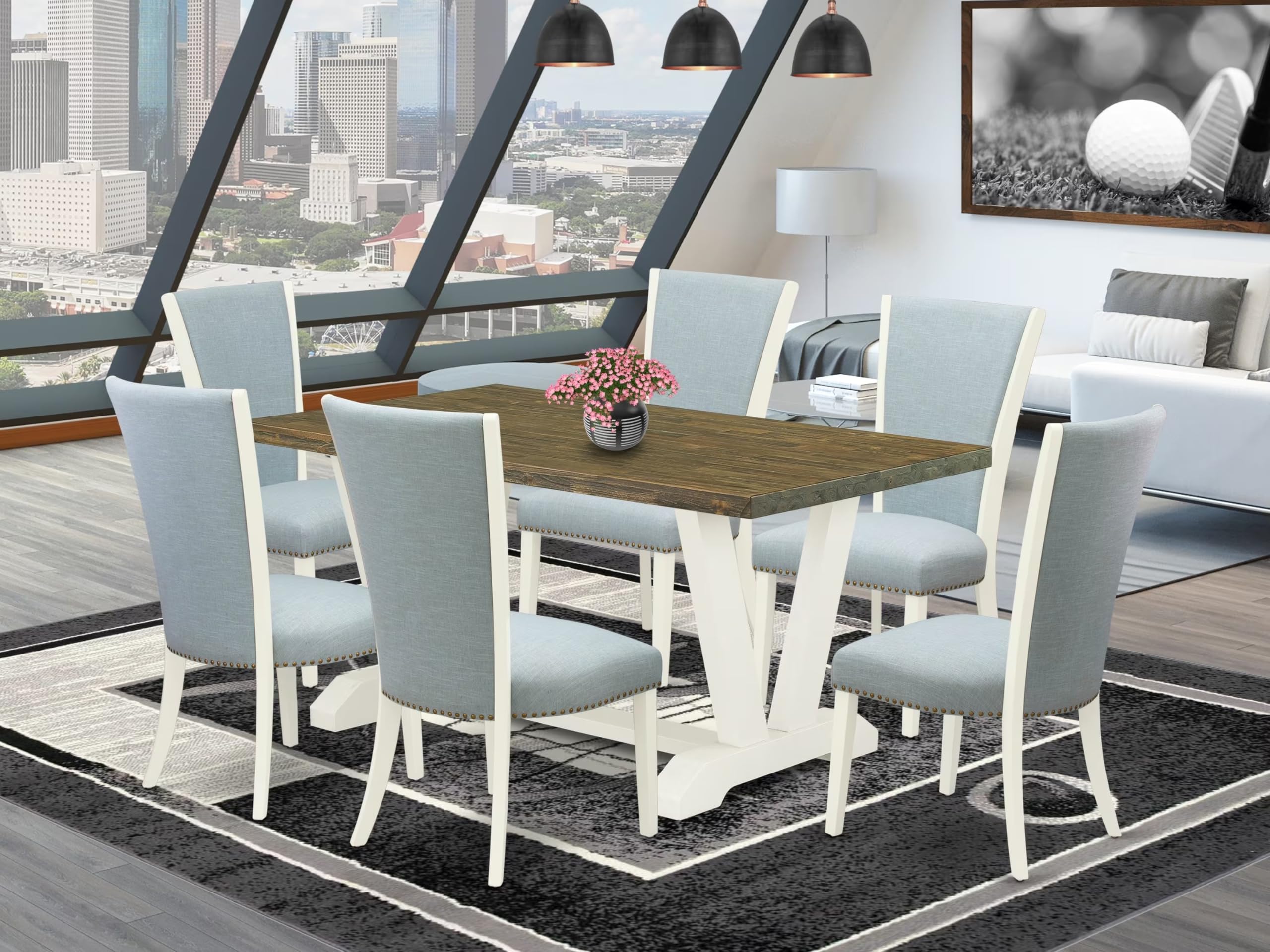 East West Furniture V076VE215-7 7 Piece Dining Table Set Consist of a Rectangle Dining Room Table with V-Legs and 6 Baby Blue Linen Fabric Upholstered Chairs, 36x60 Inch, Multi-Color
