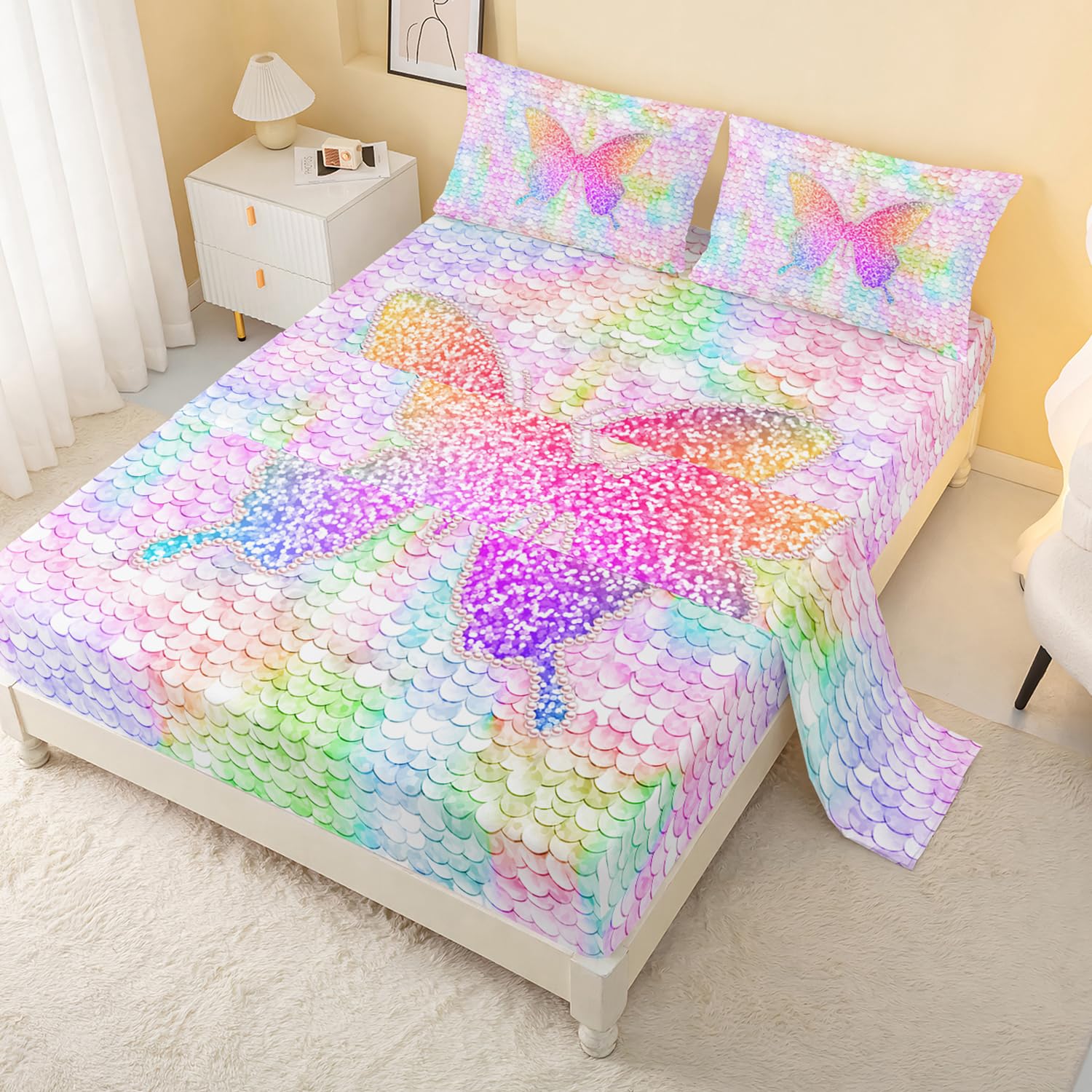 CVHouse Rainbow Butterfly Bed Sheets Sets Full Size,Rainbow Butterfly Bedding Sets for Girls Kids Teens,Rainbow Butterfly Fitted
